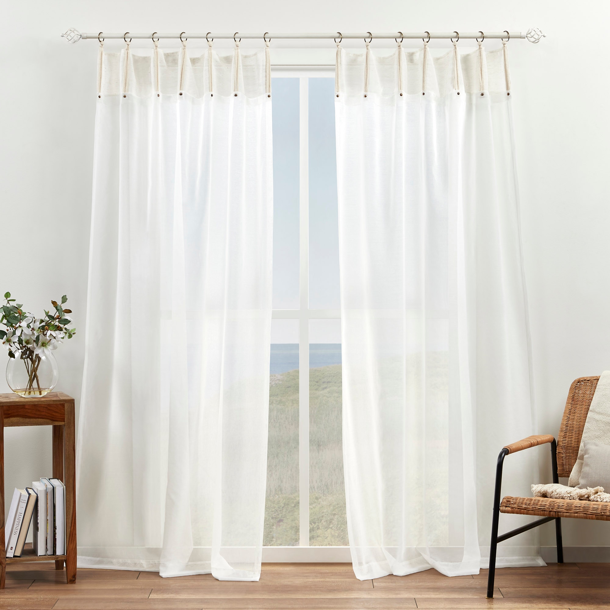 Natural Sheer Ring Top Curtain Panels with Rope Accents, 54"x108", Set of 2