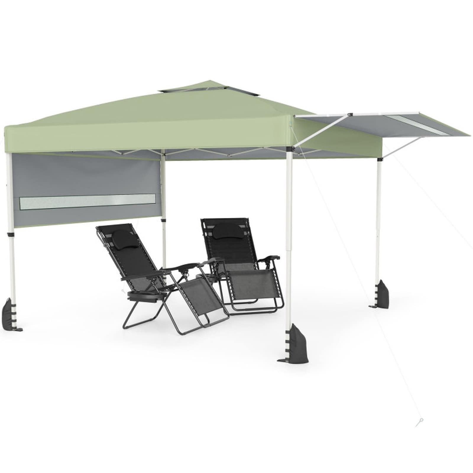 SUGIFT 10-ft x 17-ft Pop Up Canopy Tent in Green with Dual Adjustable Half Awnings 170-sq ft Shade 150D Silver-Coated Oxford Top Vented Peak Truss Metal Frame 4 Sandbags 8 Ground Stakes 4 Wind Ropes and Wheeled Roller Bag for Backyard BBQ and Markets