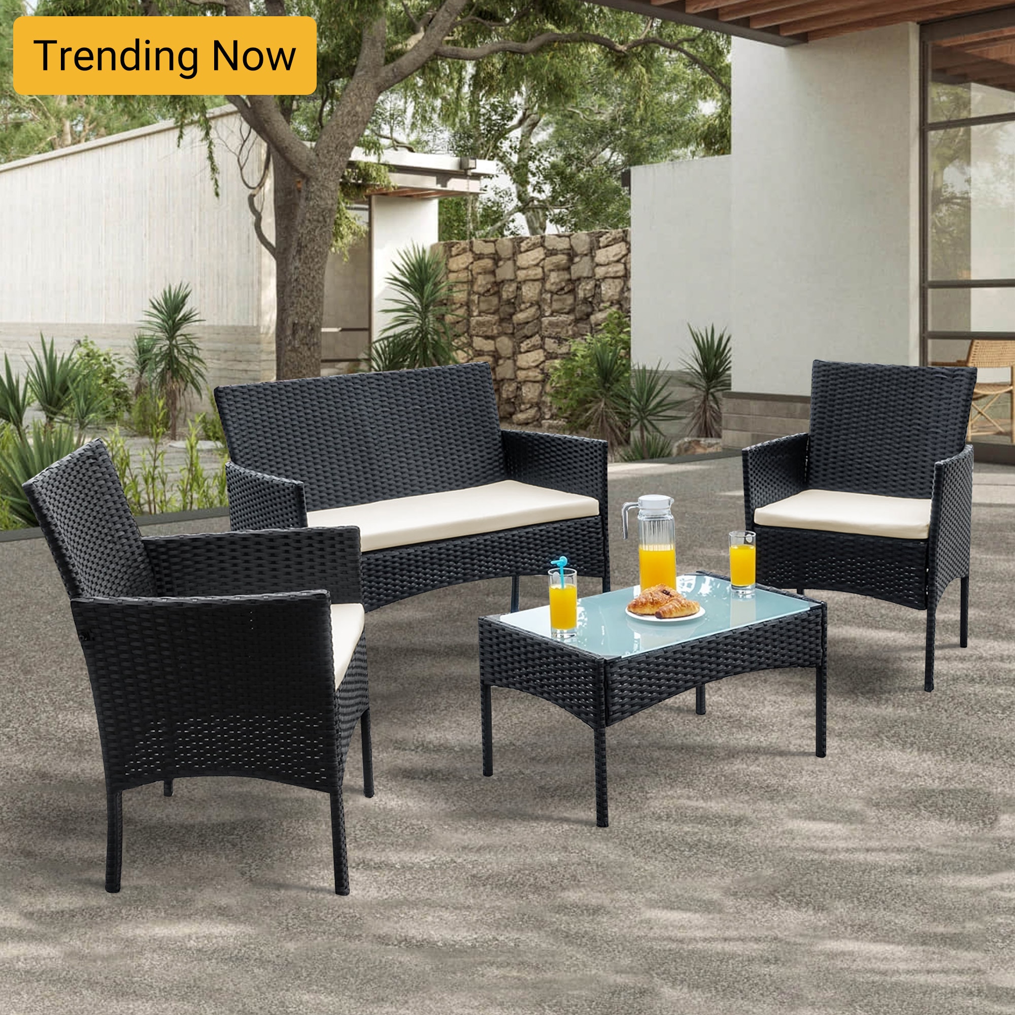 Grearden LS-ZHNF2109-BG Conversation Set 4 -Piece Rattan Patio Conversation Set with Off-white Cushions
