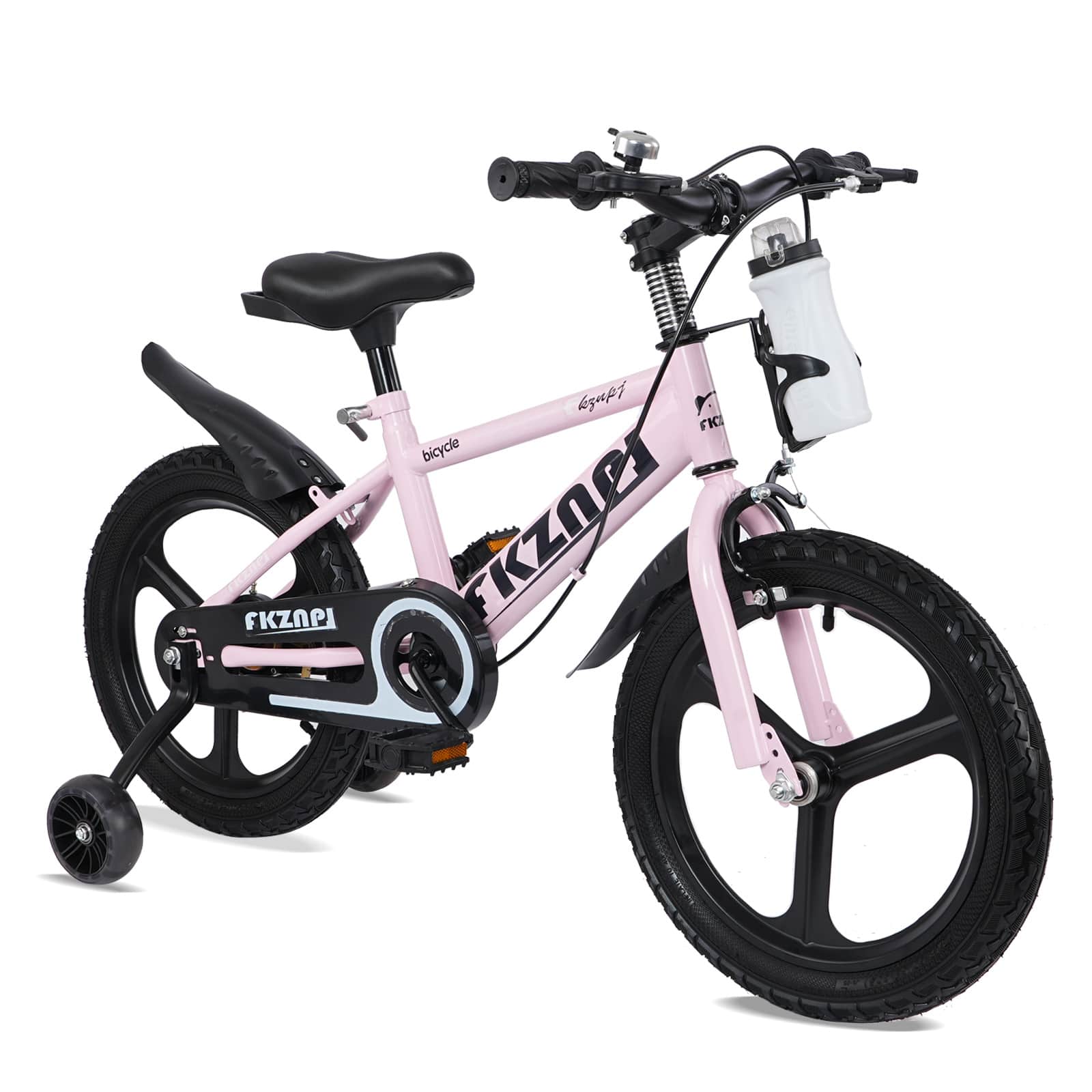 Rbied 18in Kids Bike Pink Steel Frame Magnesium Wheels Training Wheels Adjustable Seat Bottle