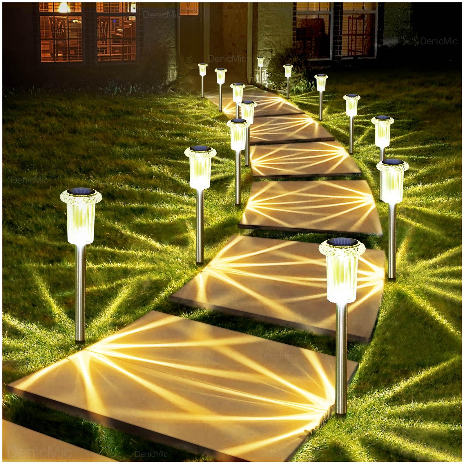 Justincity  Solar Lights Outdoor 15 pack Waterproof Warm White LED Acrylic Head Stainless Steel Stake for Pathway Walkway Garden Yard Patio