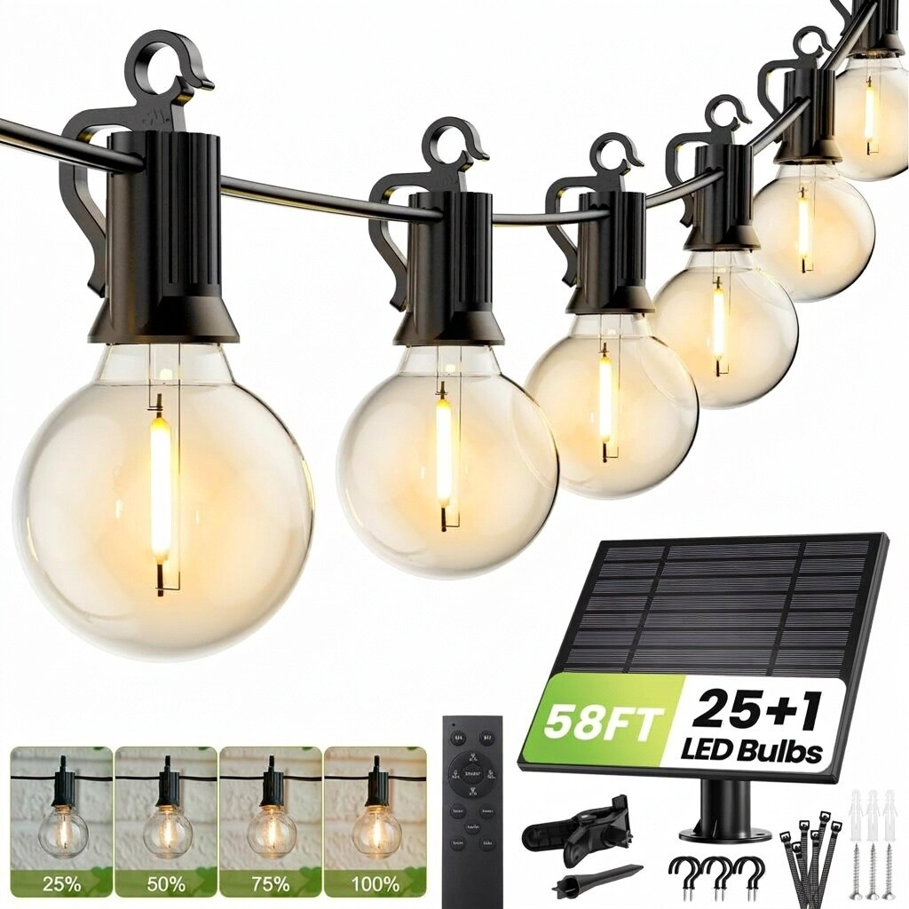 Afoxsos - 58FT Solar String Lights Outdoor 26 Shatterproof LED Bulbs 3 Light Modes Remote Timer ...