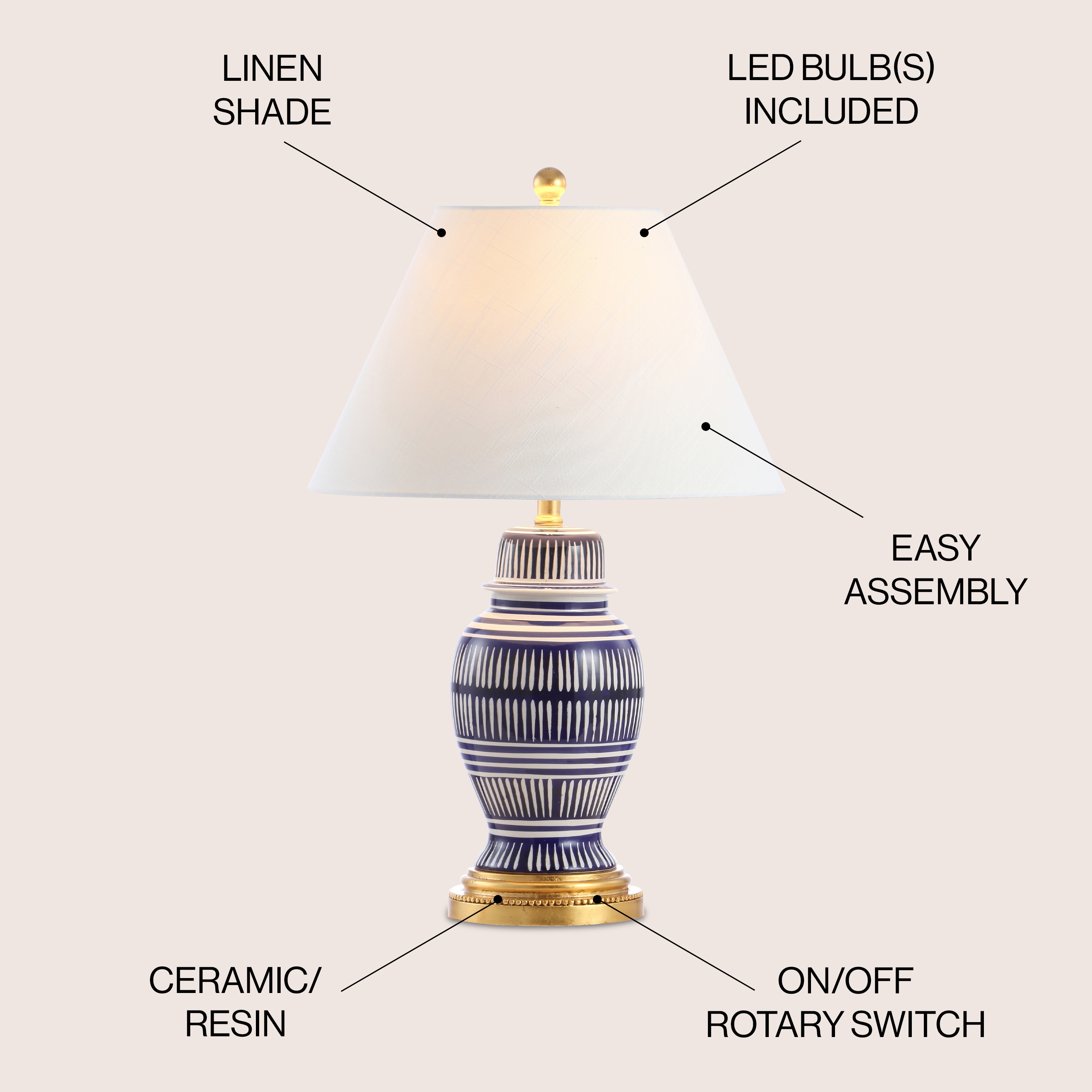 27" Navy and White Ceramic Coastal Table Lamp with Gold Accents