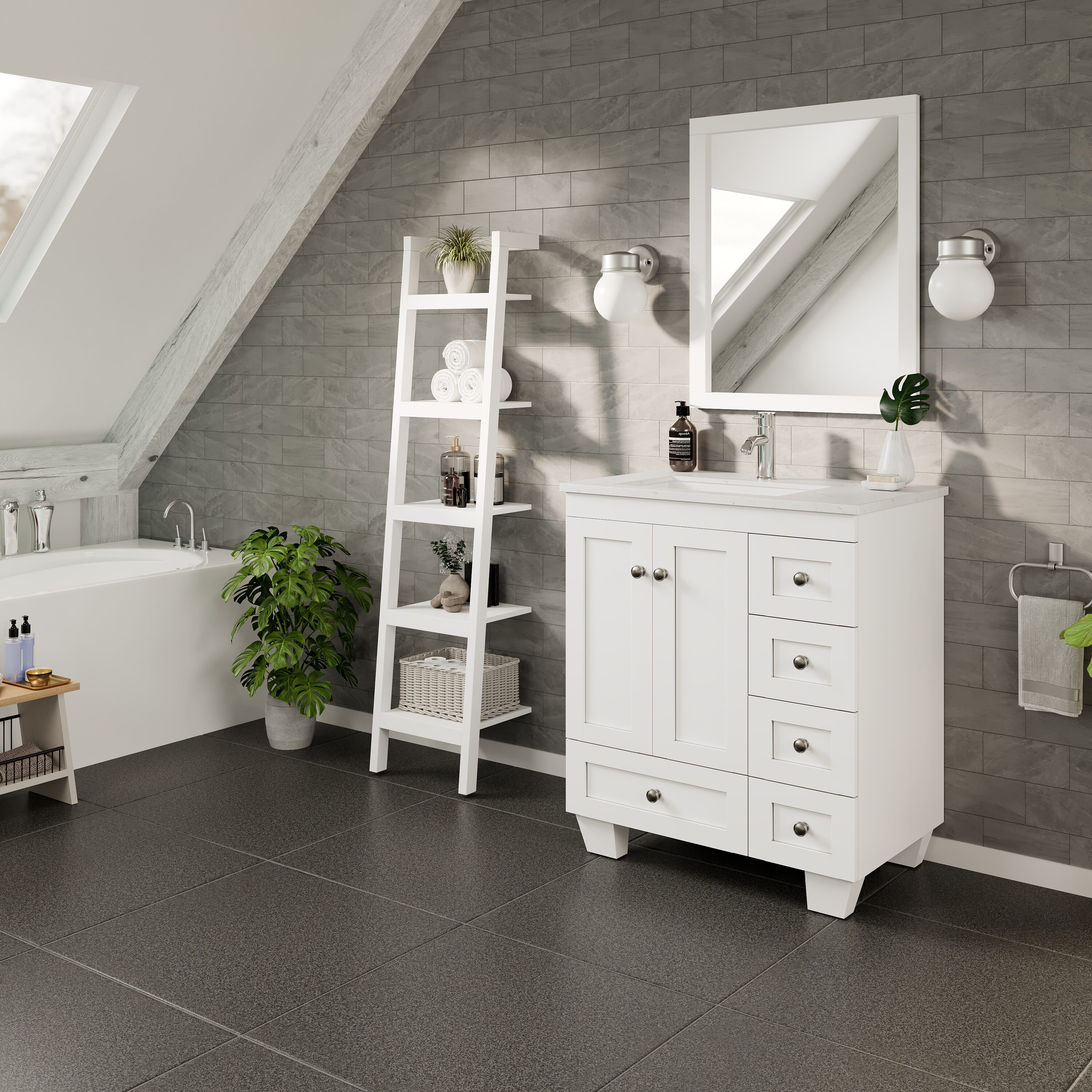 White Solid Wood 28 Inch Freestanding Bathroom Vanity with Porcelain Sink