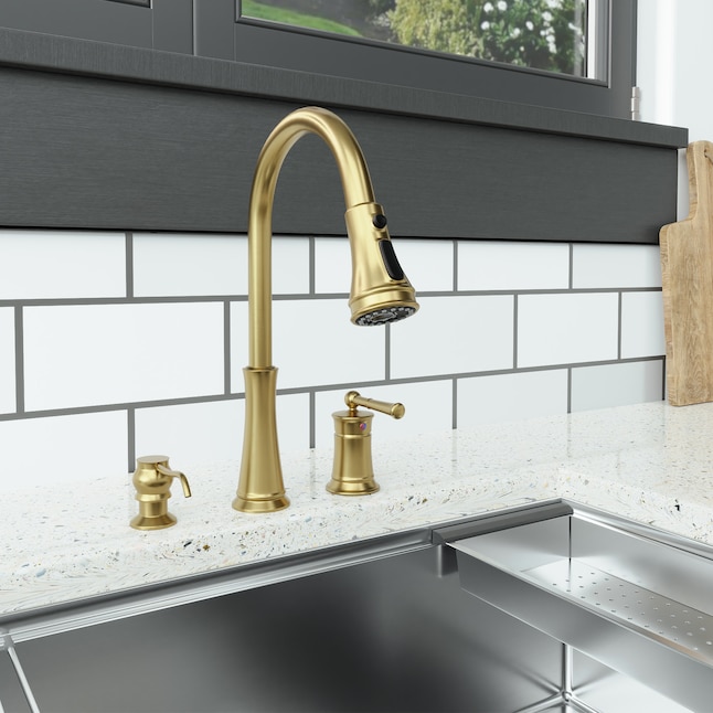 Clihome Kitchen Faucet with Soap Dispenser Brushed Gold Single Handle ...
