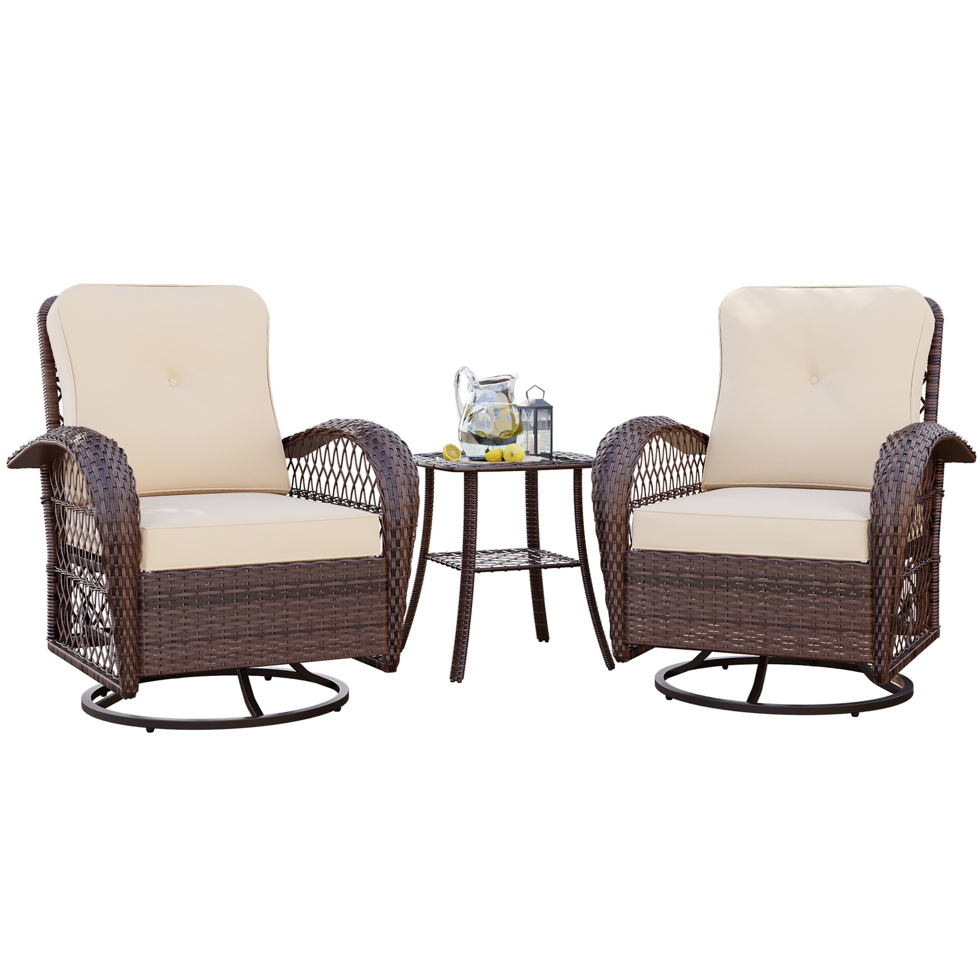 UPHA Y9BR-CJ2-BE Swivel Chair Set of 2 Rattan Brown Rattan Frame Swivel rocker Conversation Chair with Off-white Cushioned Seat