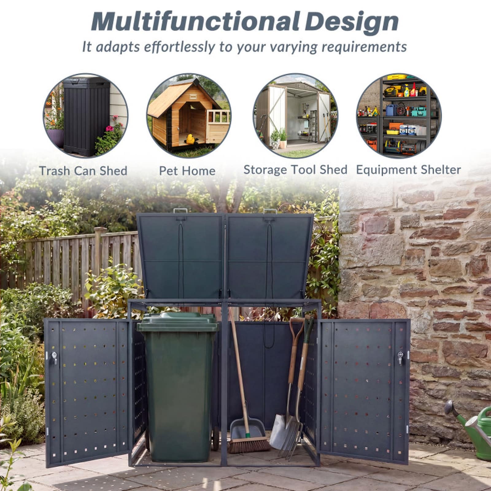 SUGIFT 52-in Outdoor Metal Garbage Bin Storage Shed Double Trash