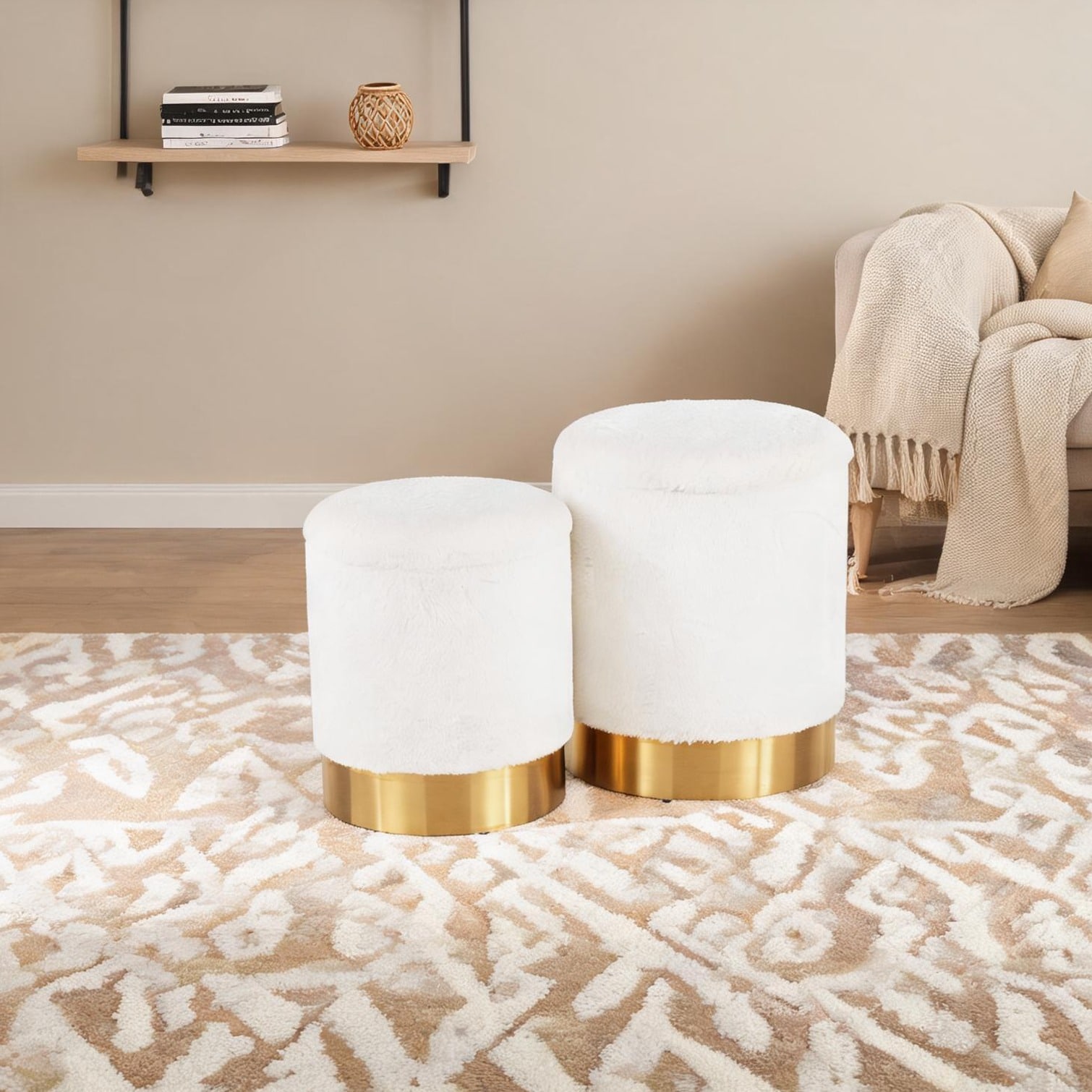 chillscreamni - Glam Gold Nesting Ottoman Set with Plush Beige Upholstery Space-Saving Two-Piece