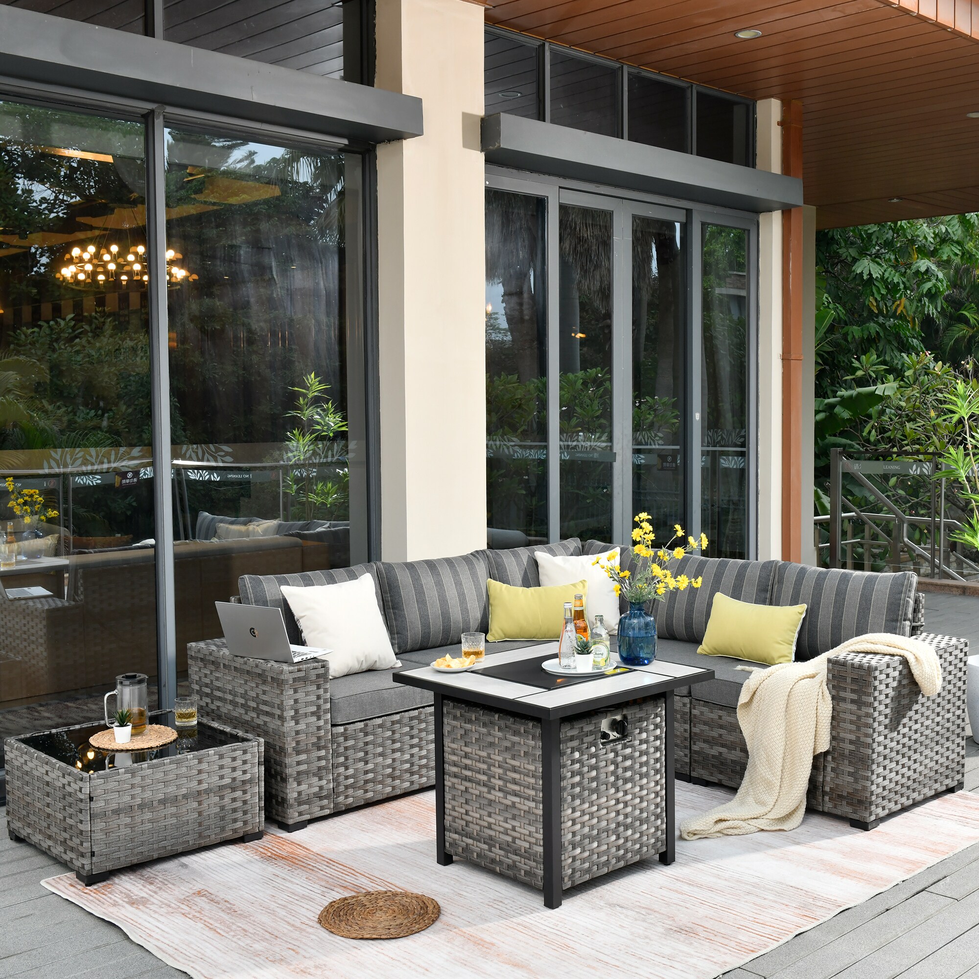 Pouuin SFPBBR2T07 Rattan Outdoor Sectional with Gray Cushions and Wicker Frame