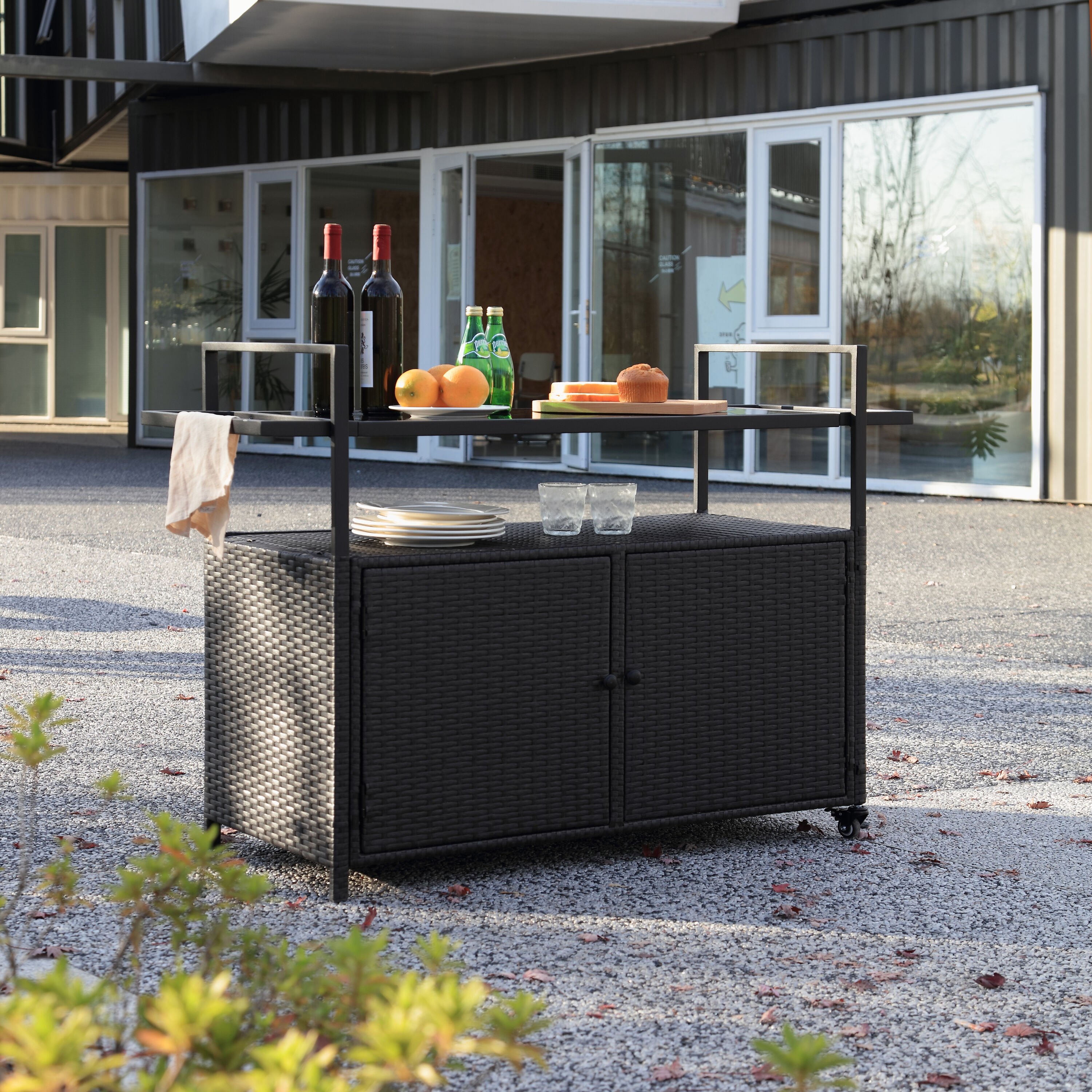 EXTRAUP YHLW640140573 Outdoor Wicker Bar Cart Black Steel Outdoor Serving Cart