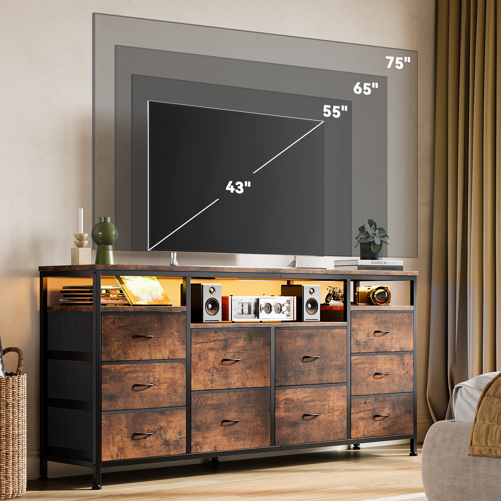 IdealHouse 10 Drawer TV Stand Dresser with LED Lights and Power Outlets ...