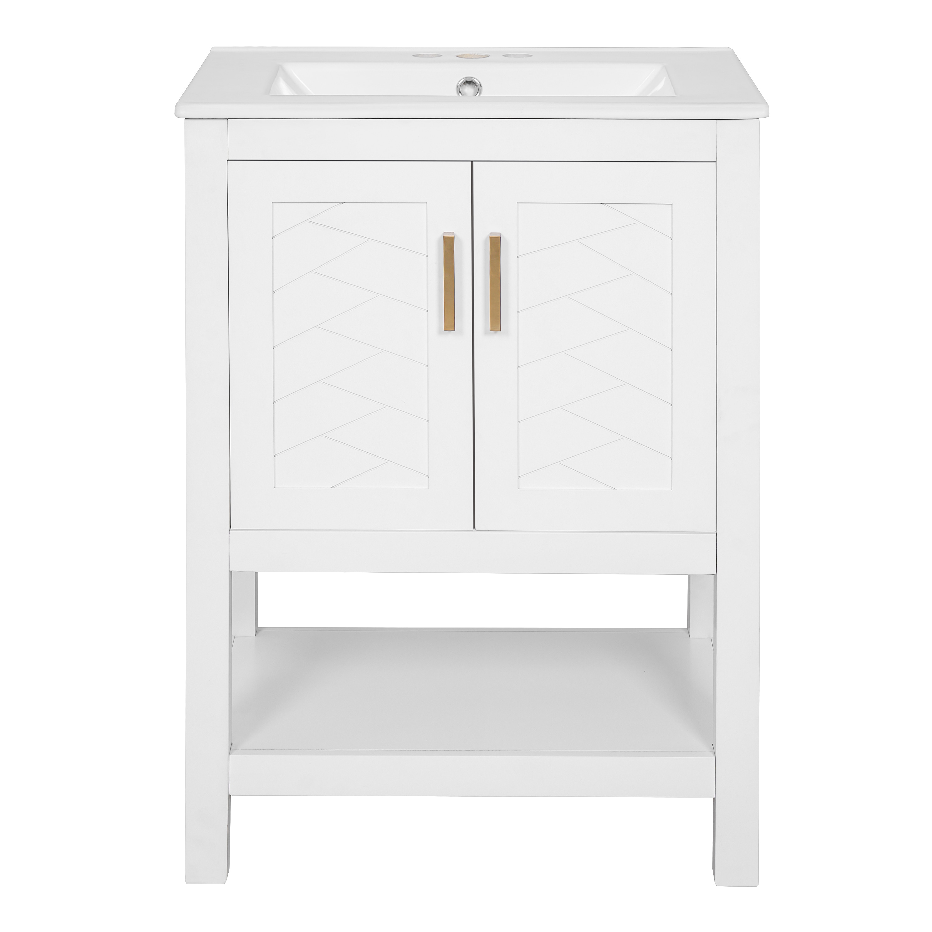 WOQWOQ 24 Inch White Modern Bathroom Vanity Cabinet with Twill Design Ceramic Sink Adjustable Shelf