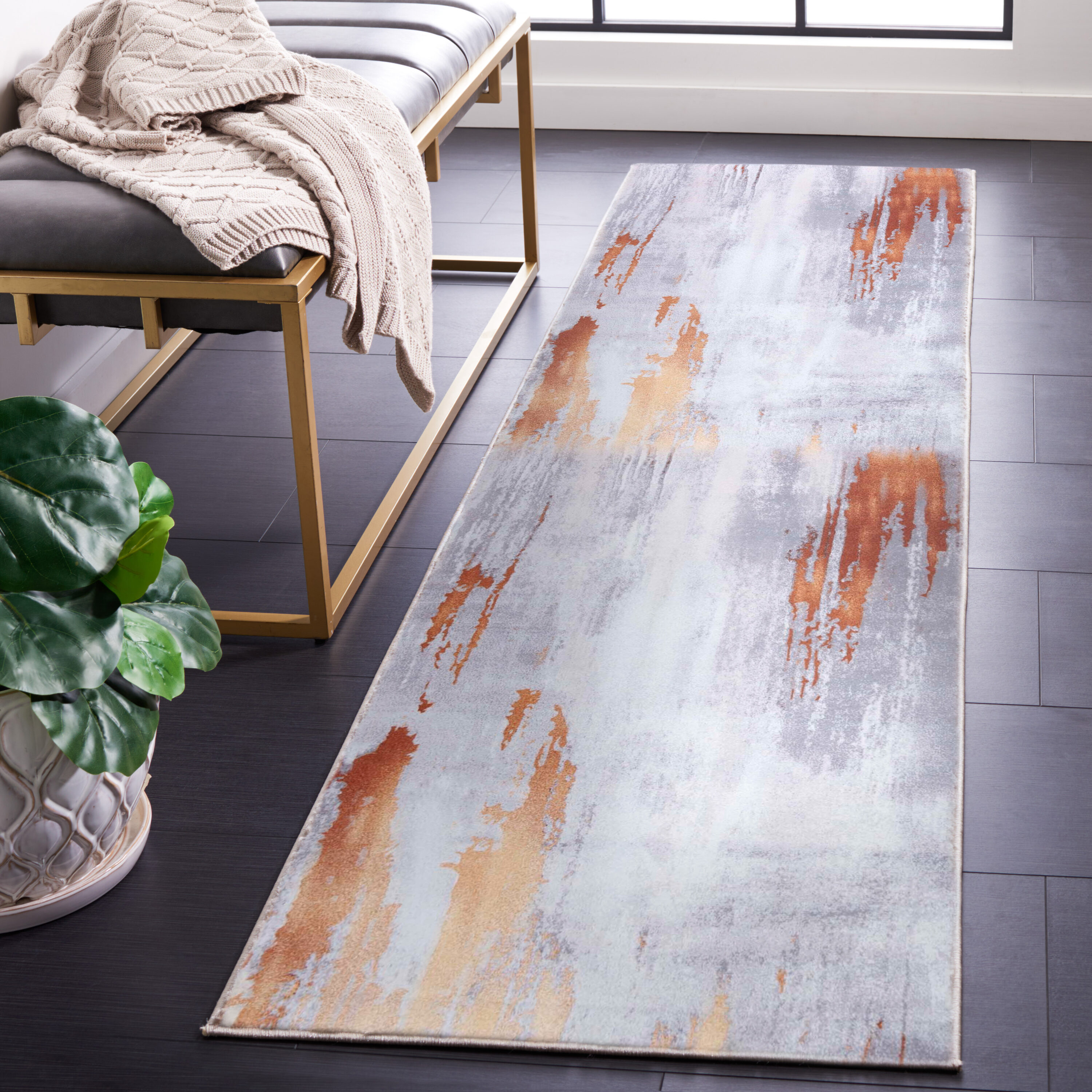Safavieh TAC801P-28 Tacoma 3 x 8 (ft) Loomed Polyester Gray/Rust Rectangular Indoor Abstract Machine washable Runner rug