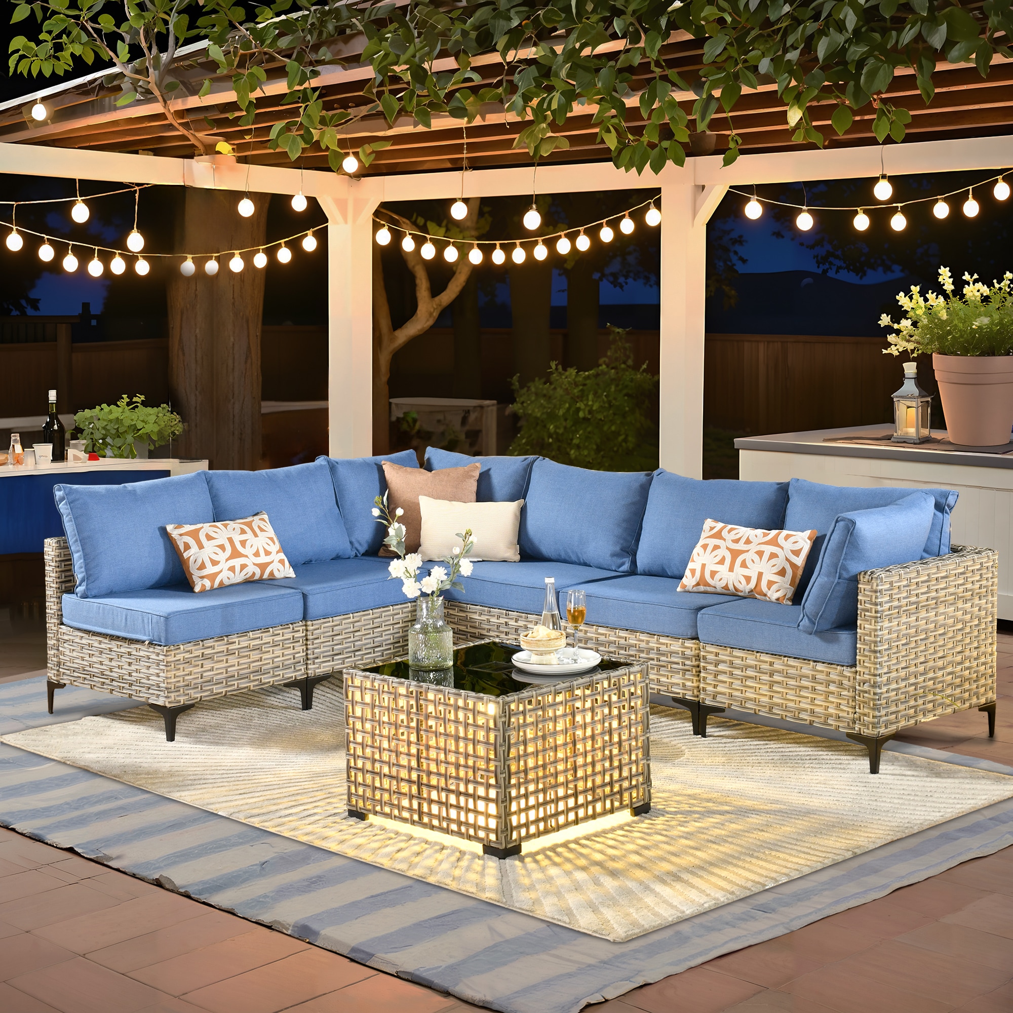 weaxty DSCRRS507 Lotus Wicker Outdoor Sectional with Blue Cushions and Steel Frame