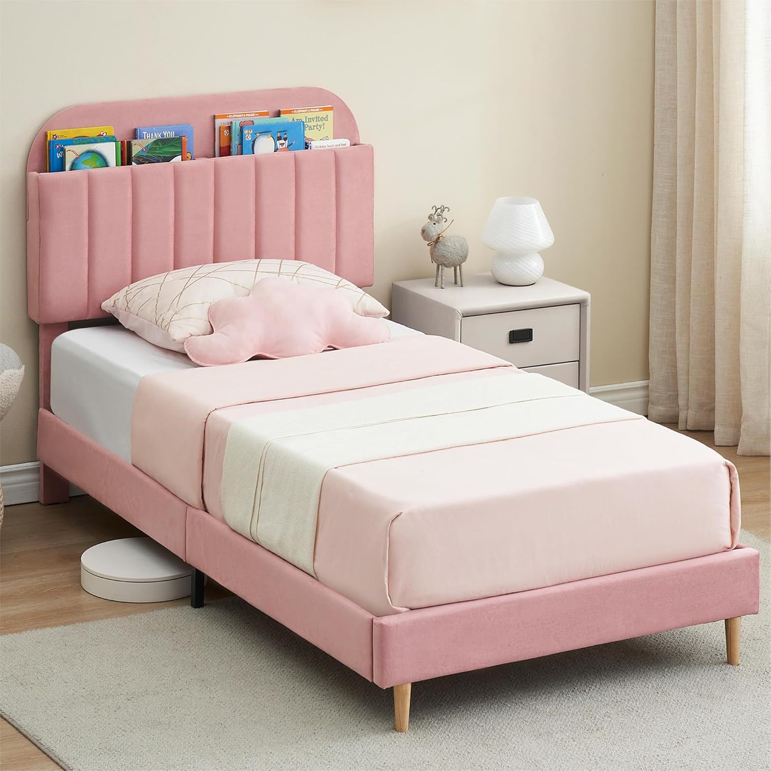 Qeetex LHF-BED-PHO-135ROK3J Twin Bed Frames Upholstered Platform Bed Frame with Bookcase Headboard Velvet Platform Bed Mattress Foundation Heavy Duty Steel Support Legs Easy Assembly Noise Free Pink