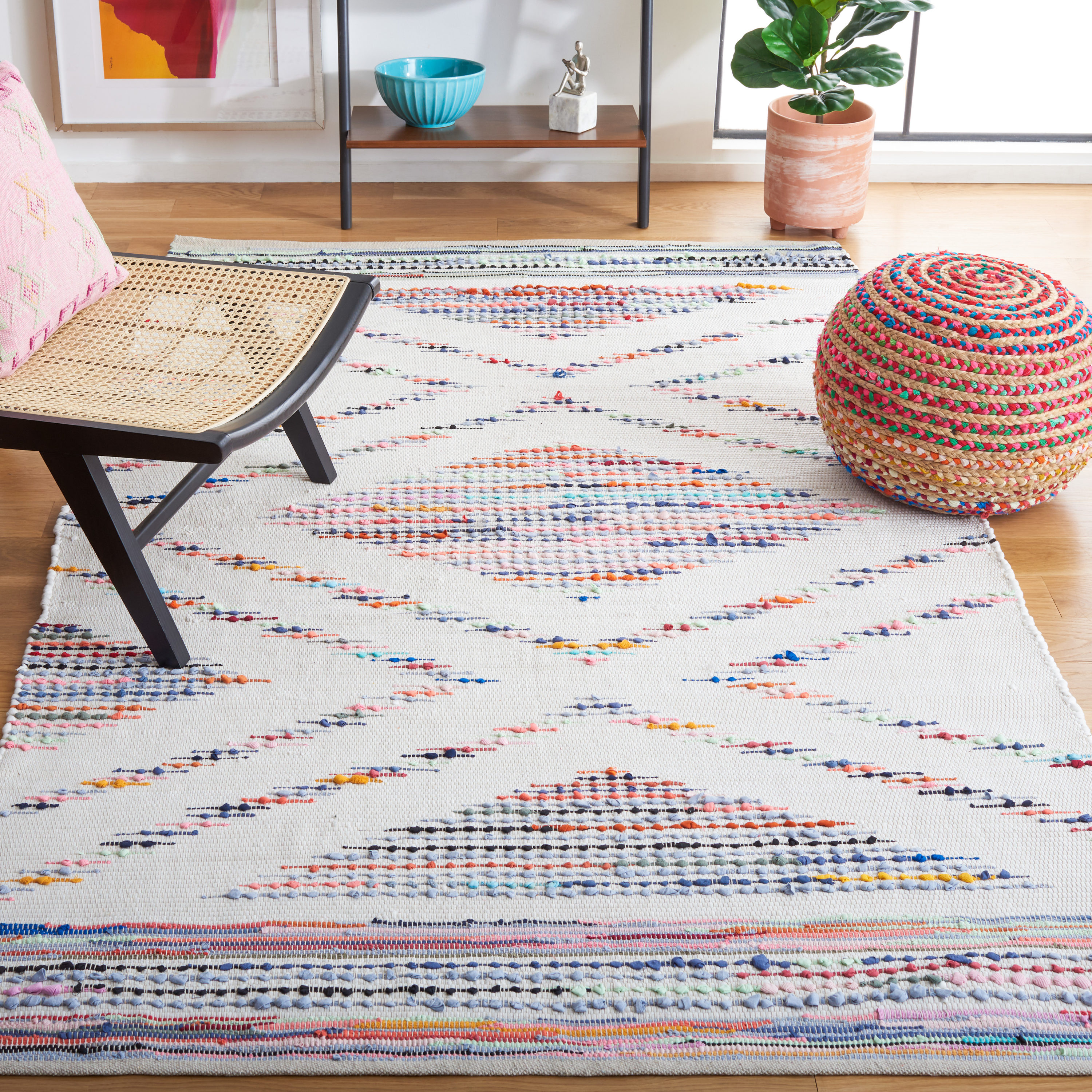 Ivory and Black Flat Woven Cotton Synthetic 8' x 10' Rug
