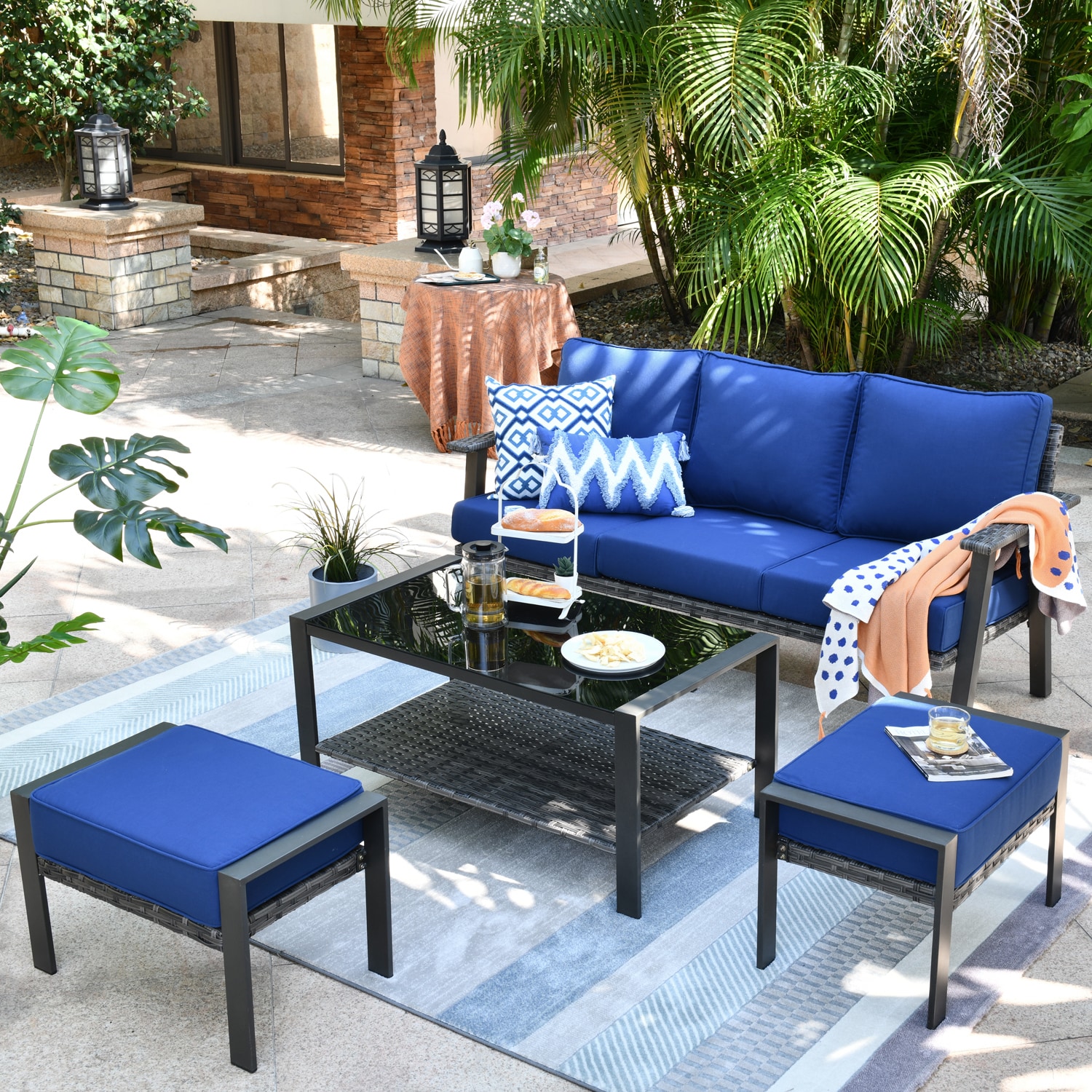 Pouuin SHW70T01A 4 -Piece Wicker Patio Sofa Conversation Set with Blue Cushions