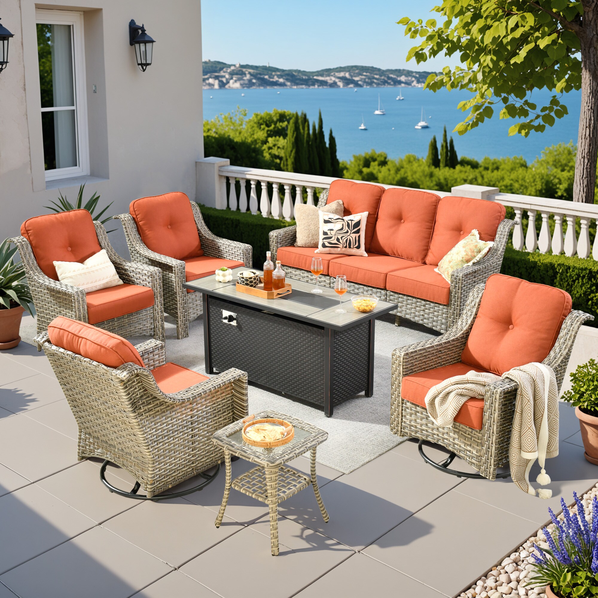 Pouuin SDFPYZPAD80C6 7 -Piece Wicker Patio Sofa Conversation Set with Red Cushions