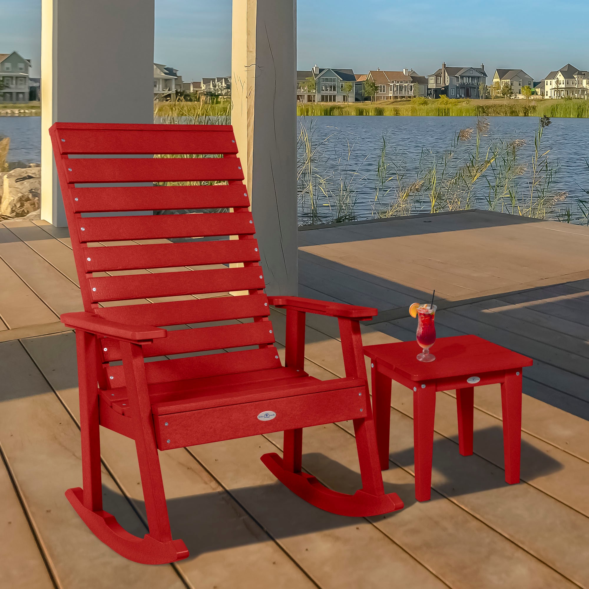 highwood BV-KT2RKCH202-BRE Riverside Boathouse Red HDPE Frame Rocking Chair with Slat Seat