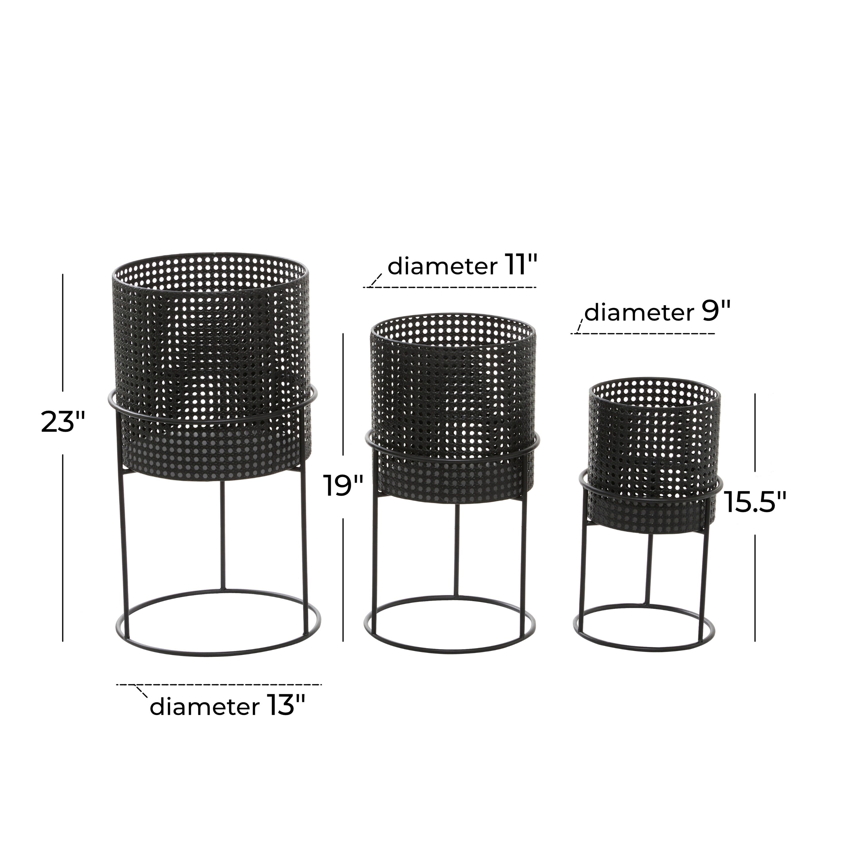 Set of 3 Black Metal Perforated Cylinder Floor Planters