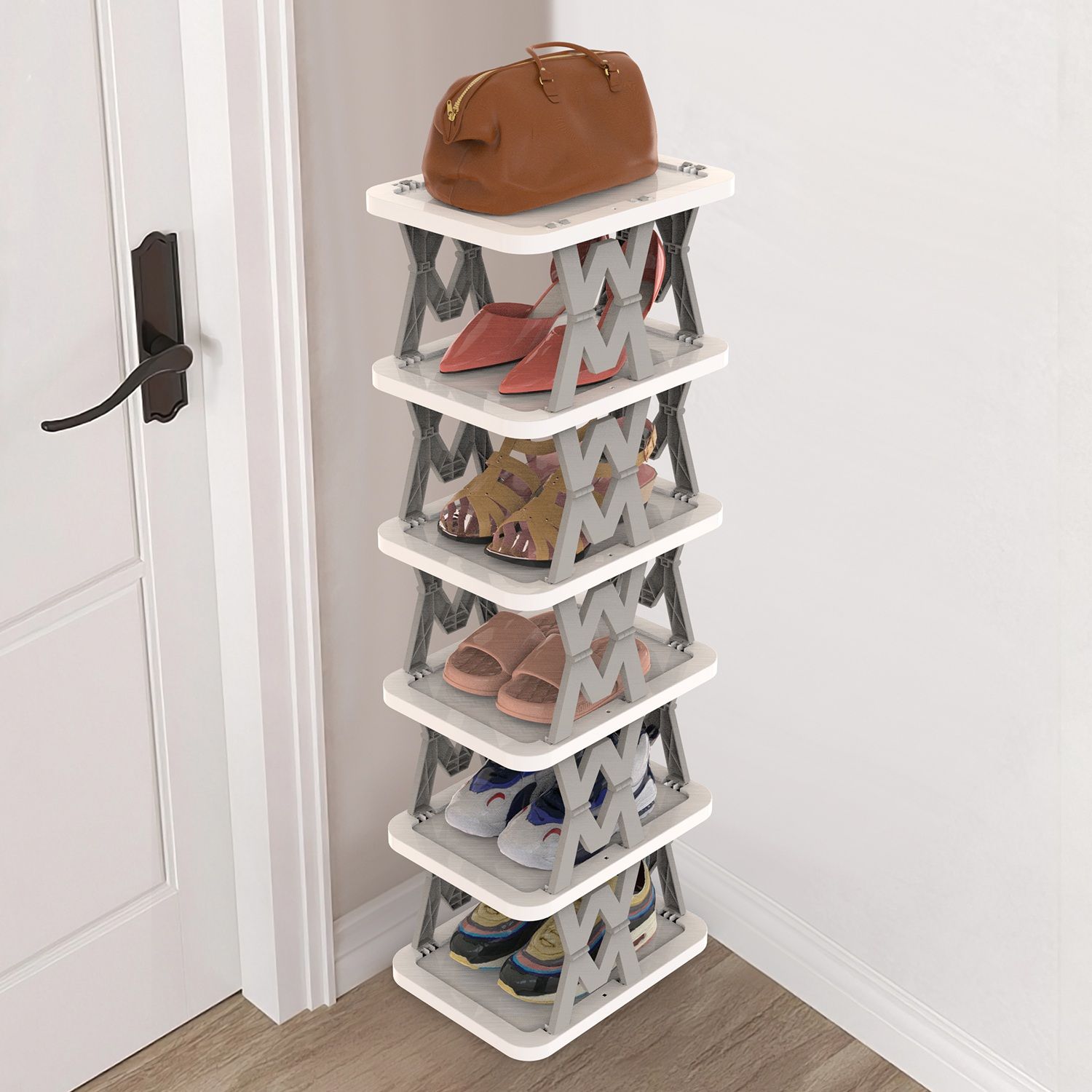 JUSHUA 6 Tier Foldable Shoe Rack Vertical Shoe Organizer Narrow Shoe Rack for Small Spaces Space Saving Free Standing for Corner Entryway Hallway Bedroom #FL-HQF5DG