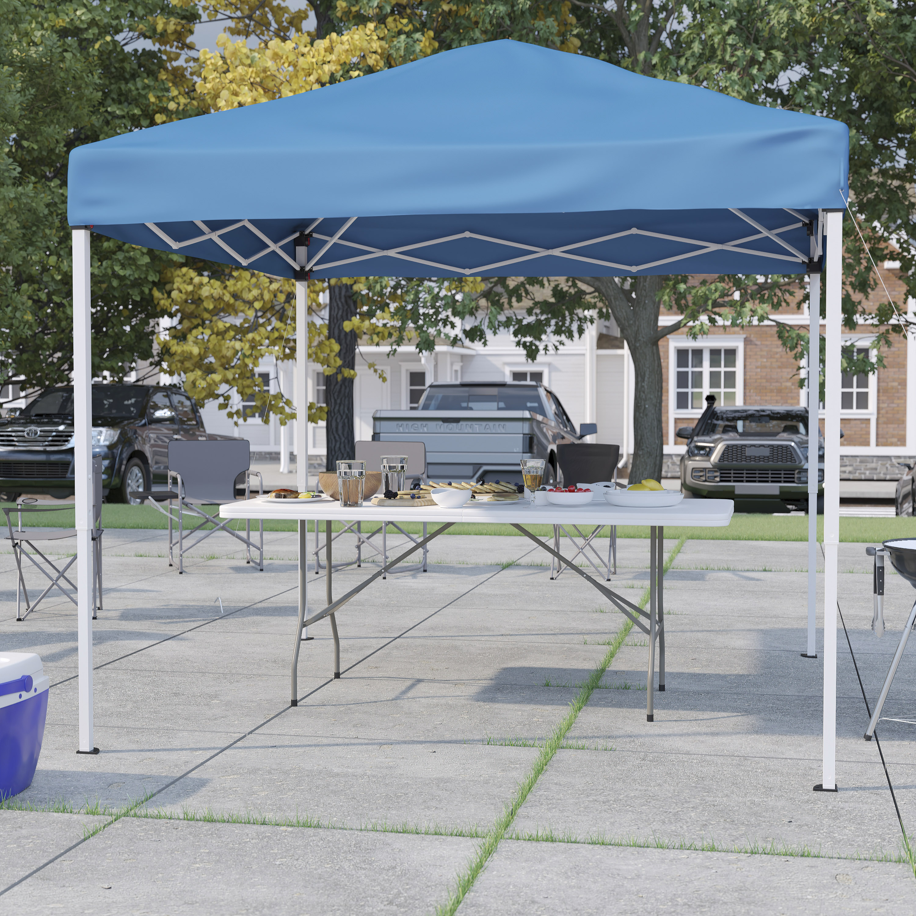 Flash Furniture 889142989127 Otis 8-ft x8-ft Blue Pop Up Event Canopy Tent with Carry Bag and 6-Foot Bi-Fold Folding Table with Carrying Handle - Tailgate Tent Set