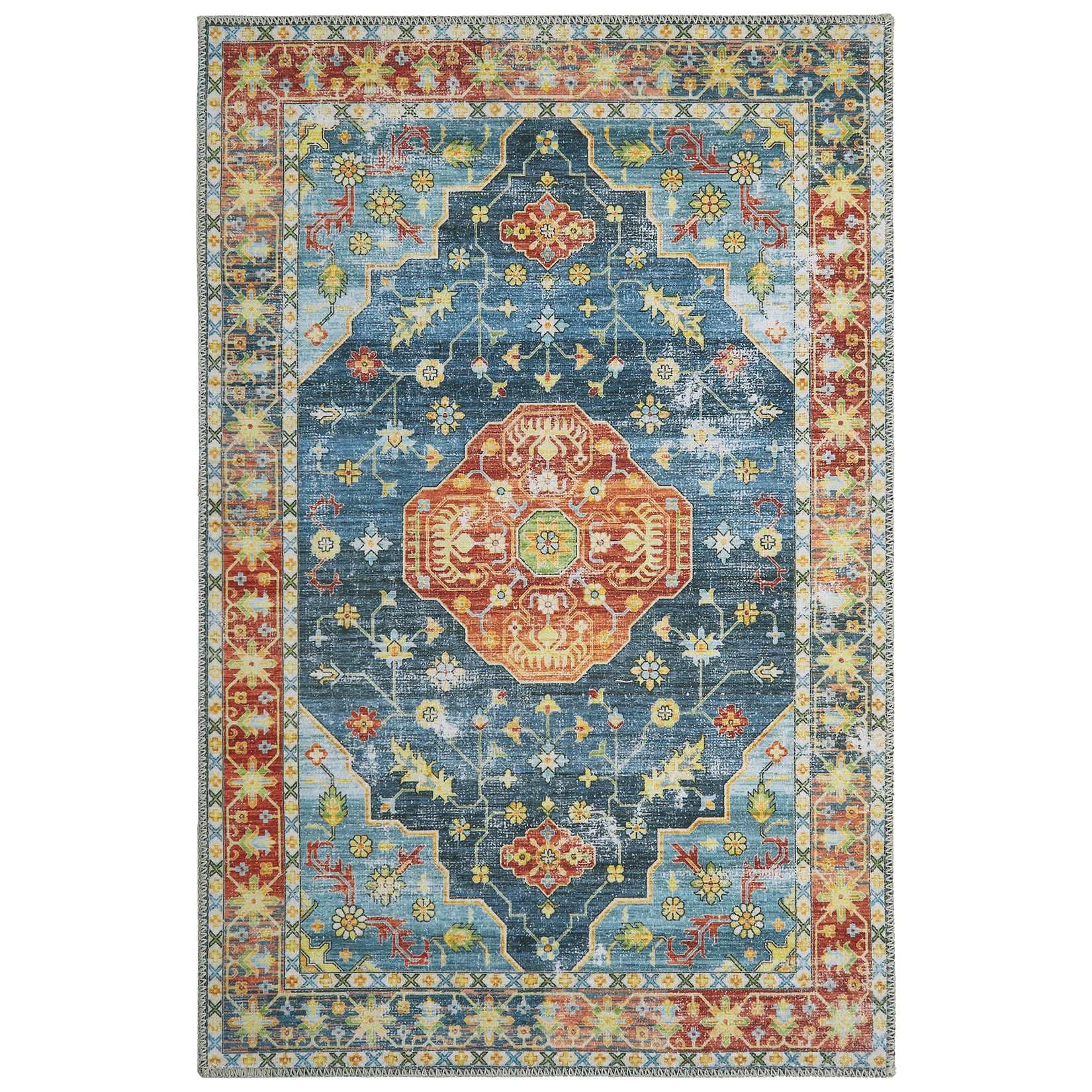 Qeetex LSN-PHO-0YFZQA8B 5 x 7 ft Polyester Green Rectangular Hallway Bathroom Entryway Kitchen Office Foldable Flower Printed Persian Washable Area Rug