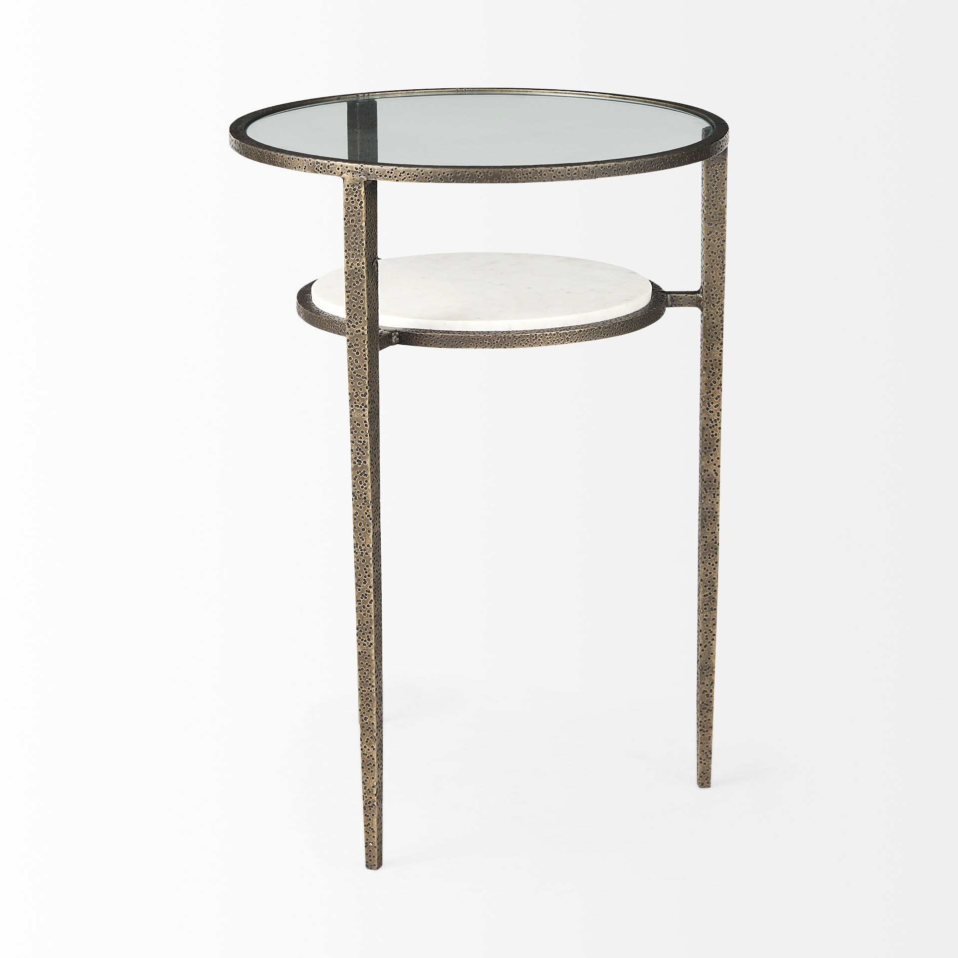 Antique Gold Metal and Marble Glass Top Side Table