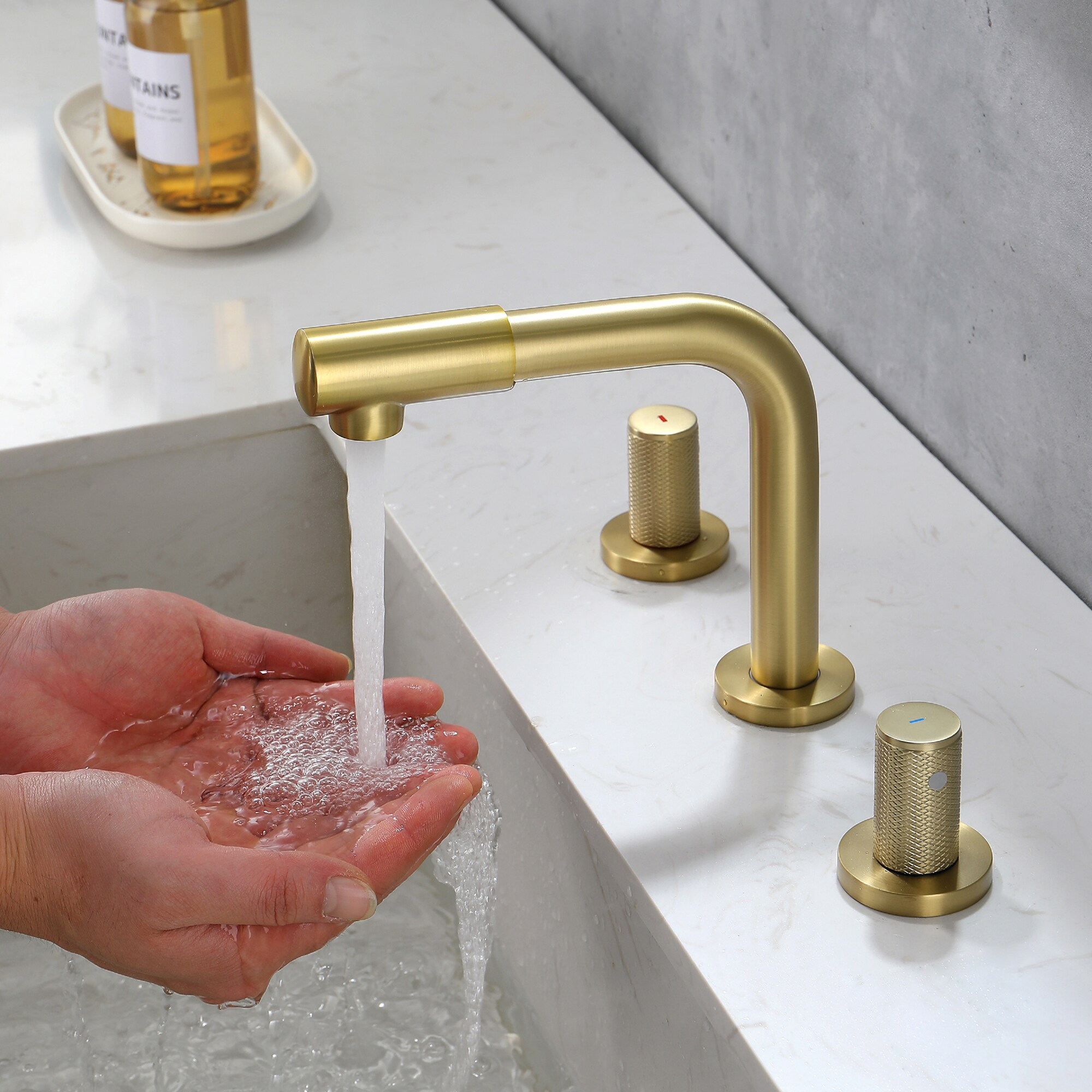 Dimakai 3 Hole Brushed Gold Bathroom Faucet with Dual Swivel Spout and ...