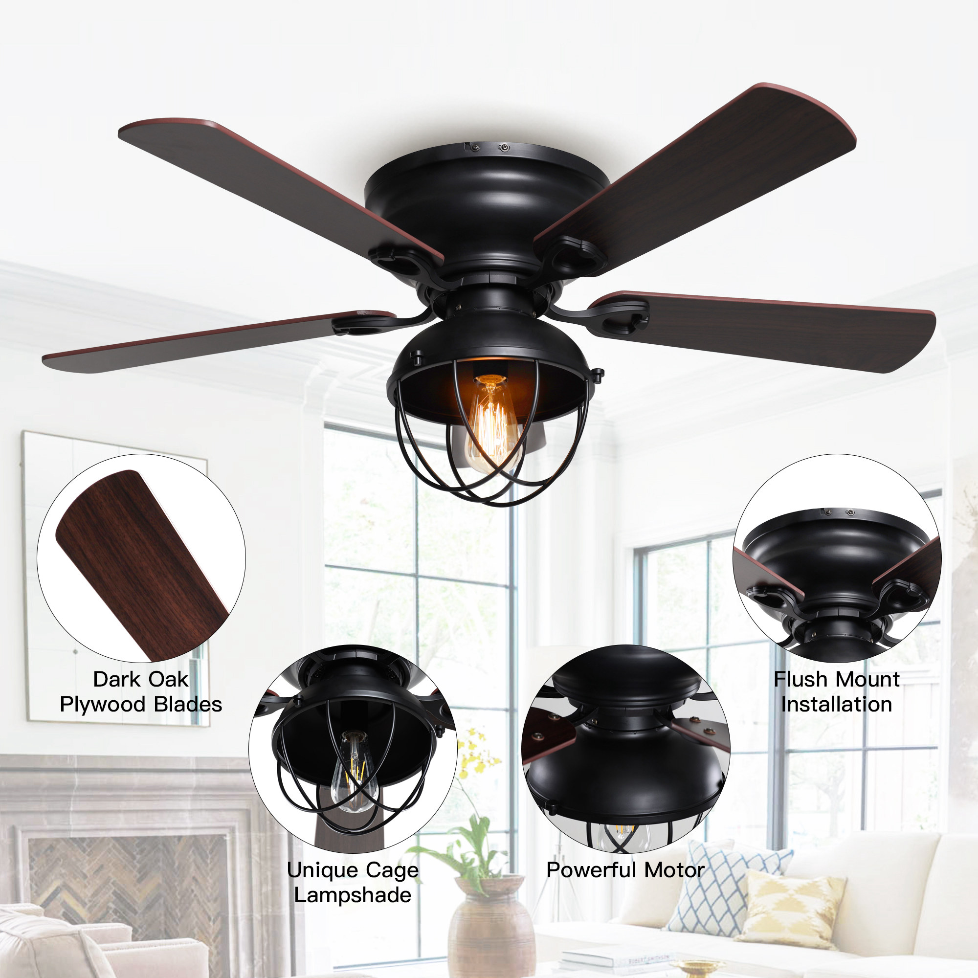 Matrix Decor 42-in Black with Brown Blades LED Indoor Flush Mount ...