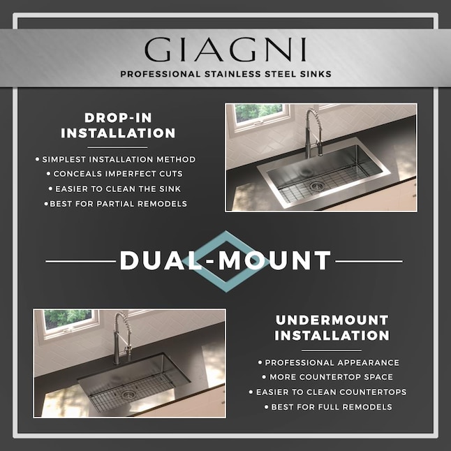 Giagni Trattoria 25-in x 22-in Stainless Steel Single Bowl Drop-In or Undermount 1-Hole Residential Kitchen Sink All-in-One Kit Giagni Trattoria 25-in x 22-in Stainless Steel Single Bowl Drop-In or Undermount 1-Hole Residential Kitchen Sink All-in-One Kit