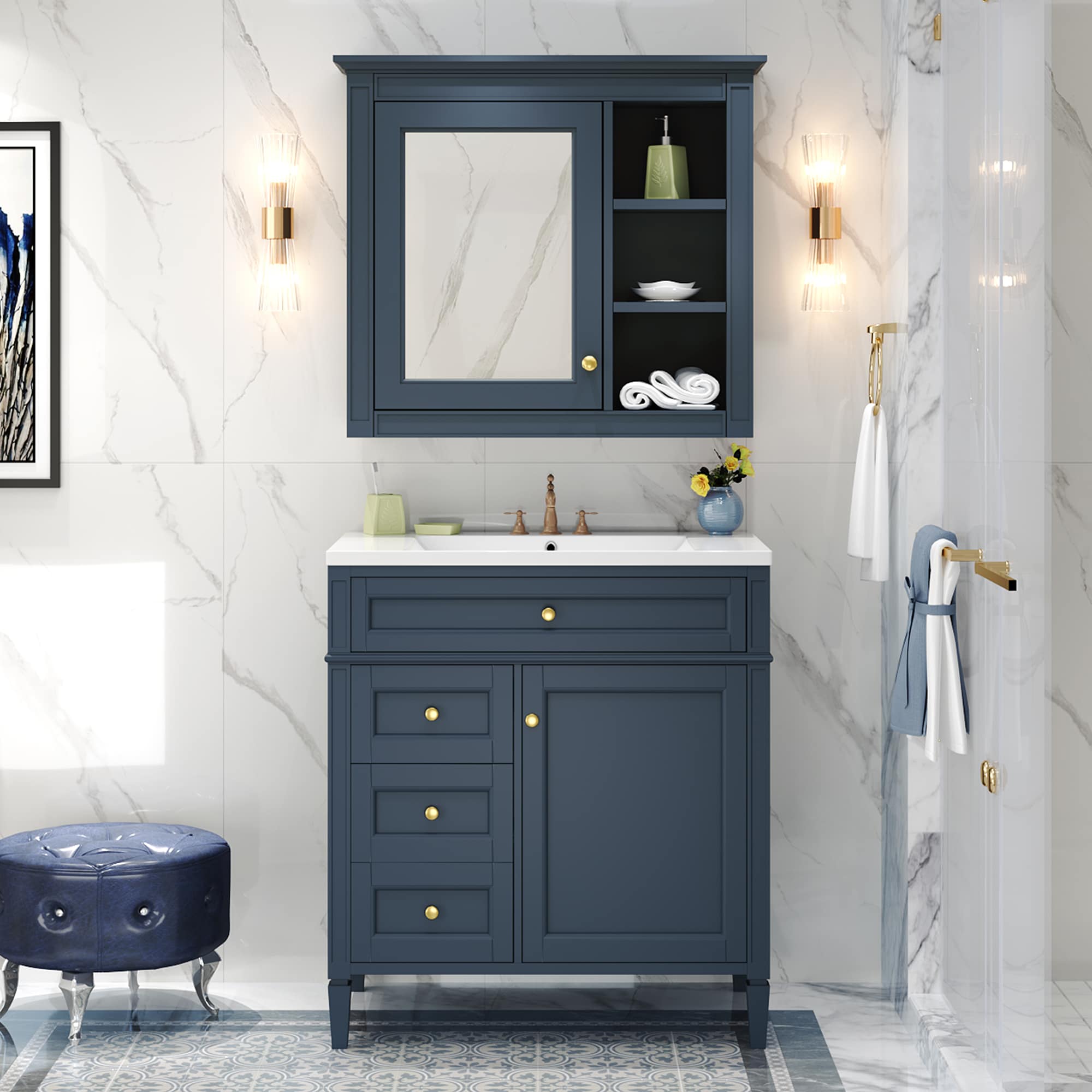CASAINC 30-in Blue Undermount Single Sink Bathroom Vanity with White Ceramic Top (Mirror Included)
