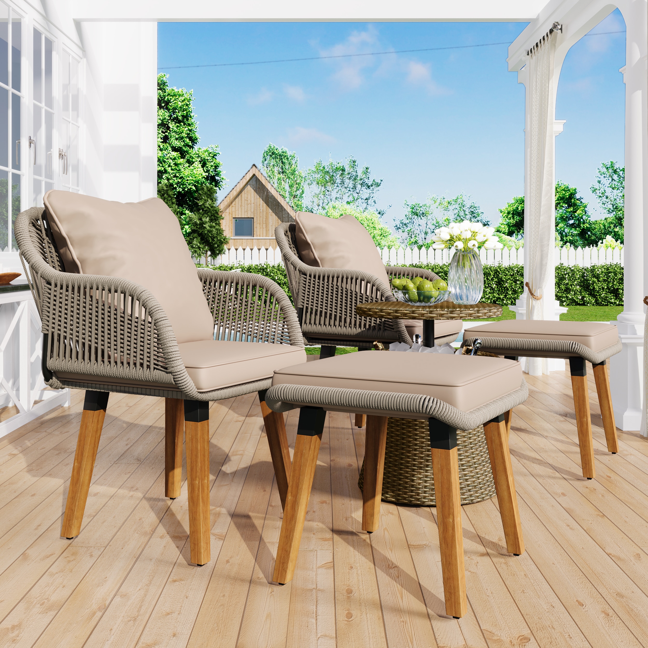 Hrinhom HC-OT02-BROWN 5-Piece Woven Patio Conversation Set with Brown Cushions