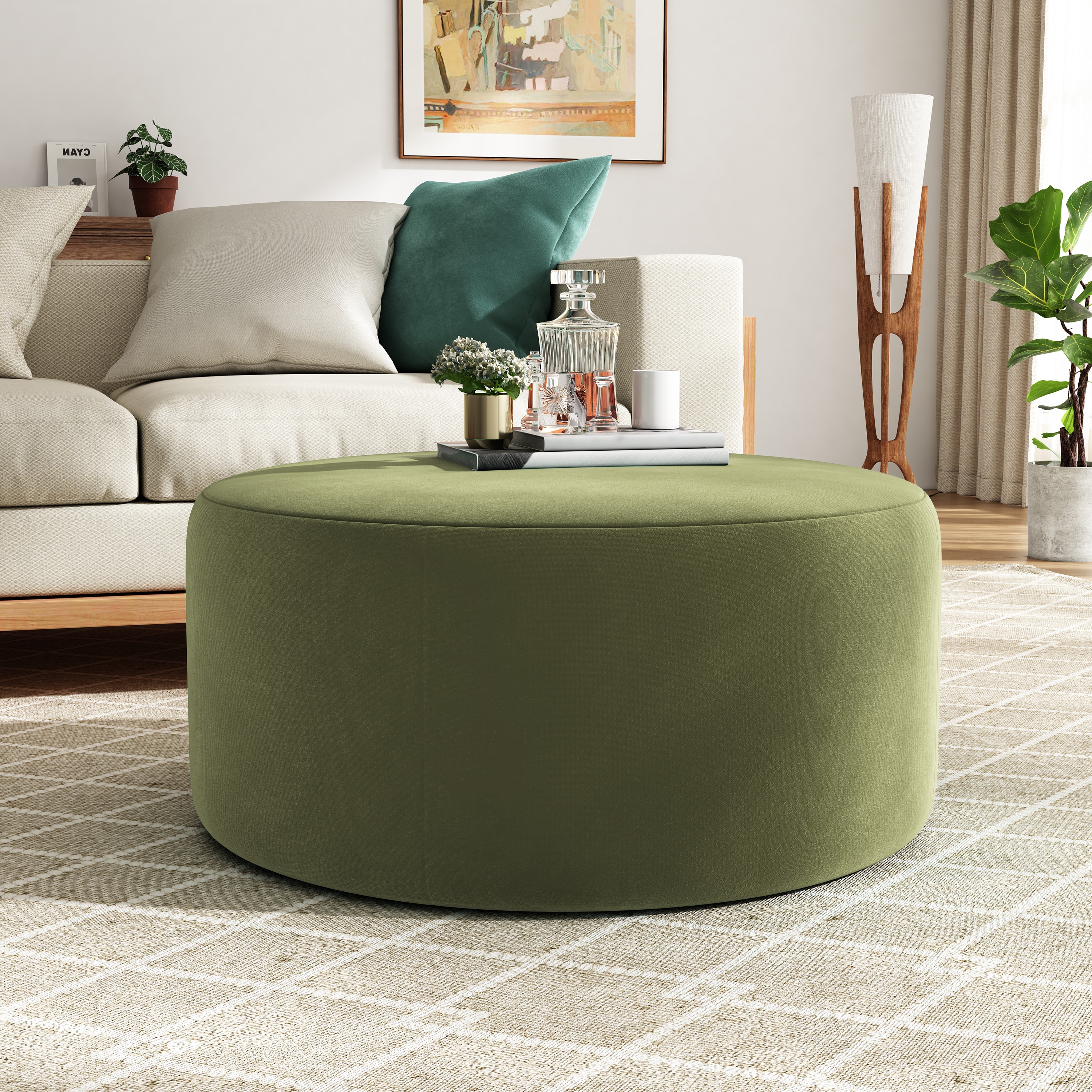 Christopher Knight Home Gavi Modern 30.5-inch Round Velvet Upholstered Pouf Footstool Ottoman - Olive Green