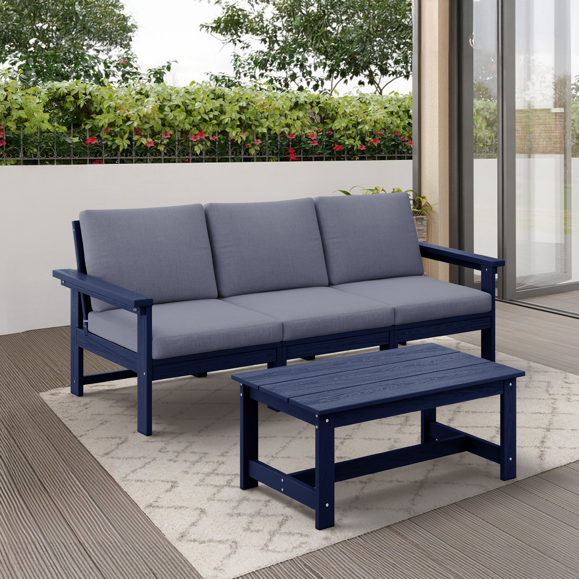 JEAREY PEZHSF04-NG Outdoor 3-Seater Sofa with Coffee Table 2 -Piece Patio Sofa Conversation Set with Gray Cushions