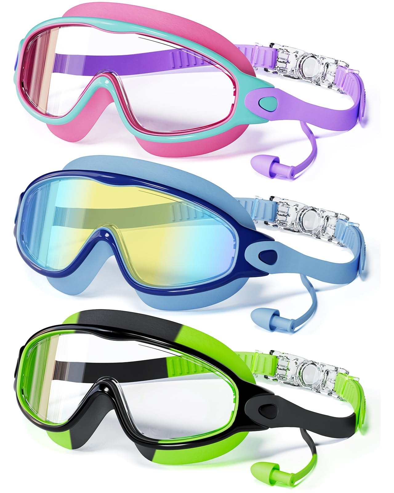 ITOPFOX -  3 pack kids swimming goggles with built in earplugs anti fog UV protection wide view l...