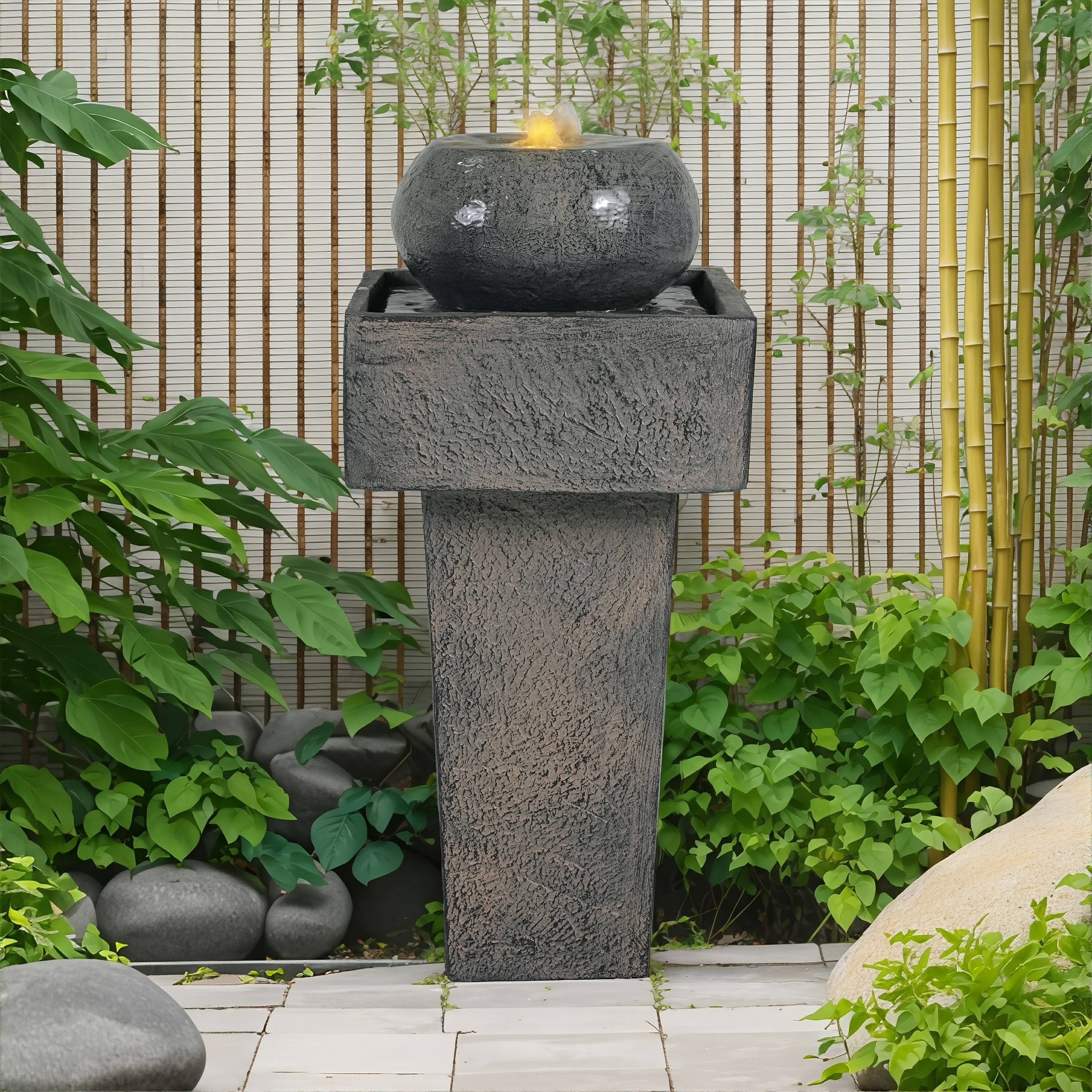 Wooakway 26 in.H Minimalist Concrete Column Fountain LED Lit Modern Outdoor Oasis Sturdy Landscape Feature for Patio Porch