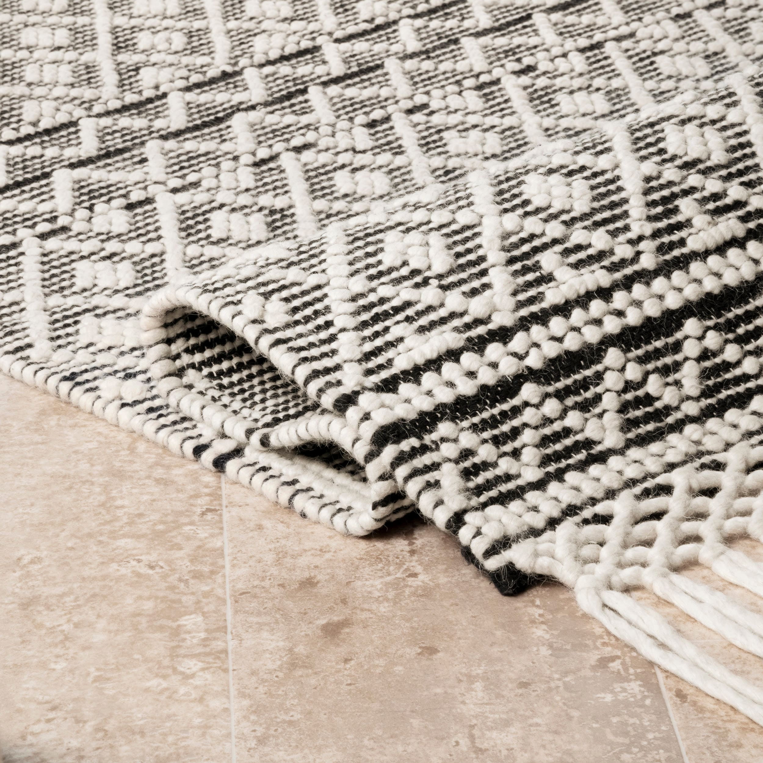 Ivory Flat Woven Wool Blend Rectangular Area Rug, 5' x 8'
