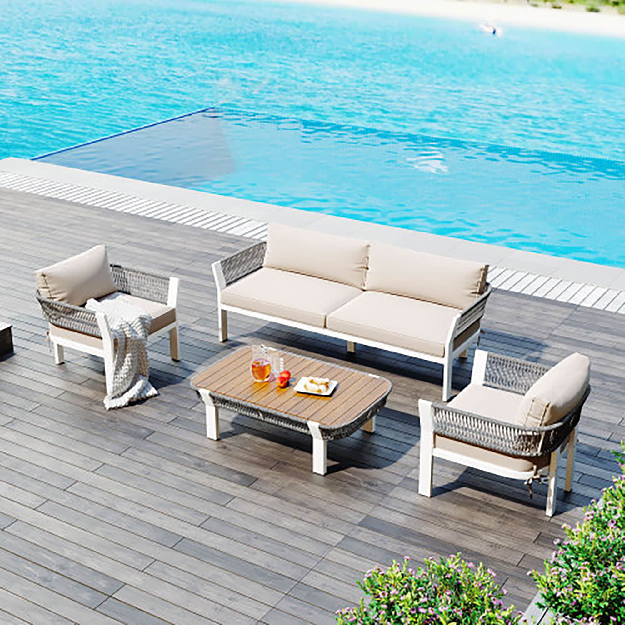 Forclover ALTR-01BE 4 -Piece Patio Conversation Set with Off-white Cushions
