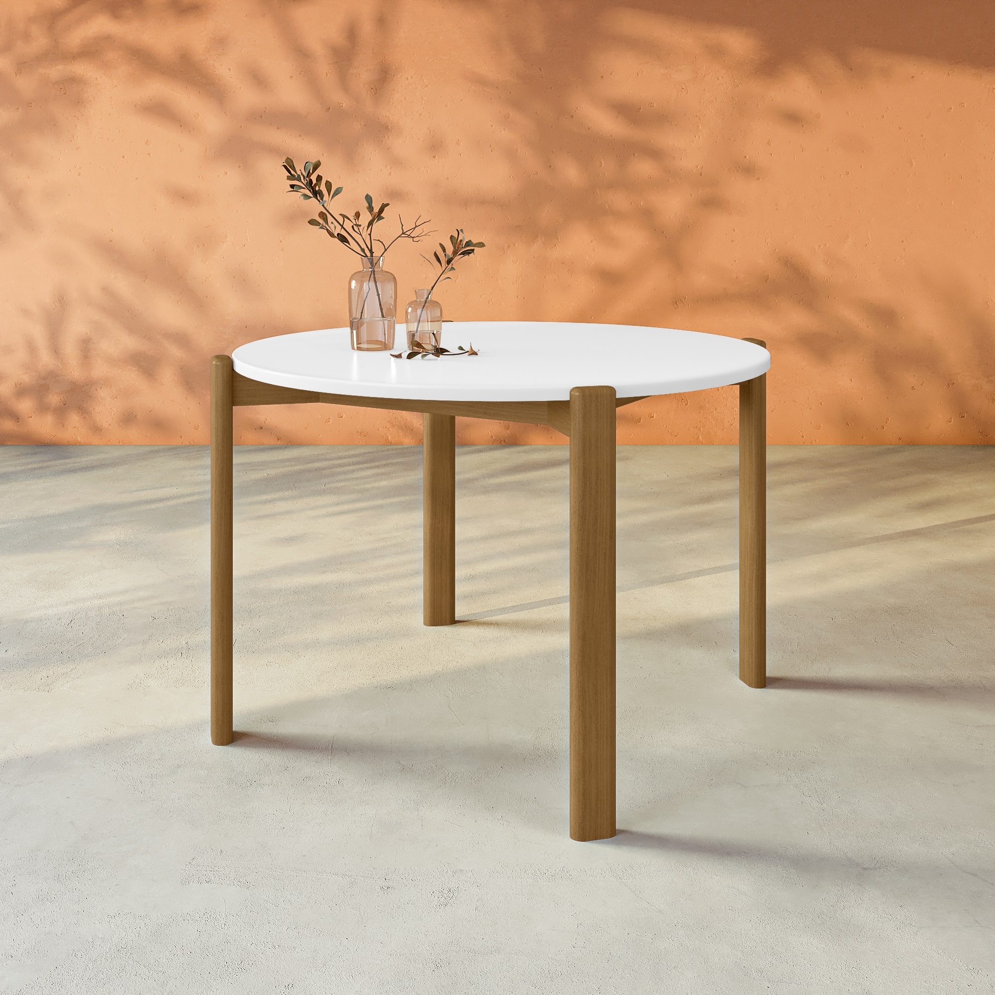Manhattan Comfort DT-82705-WH Matte White Round Contemporary/Modern Dining Table, Composite with Macadamia Brown Wood 46.54-in L x 29.53-in H
