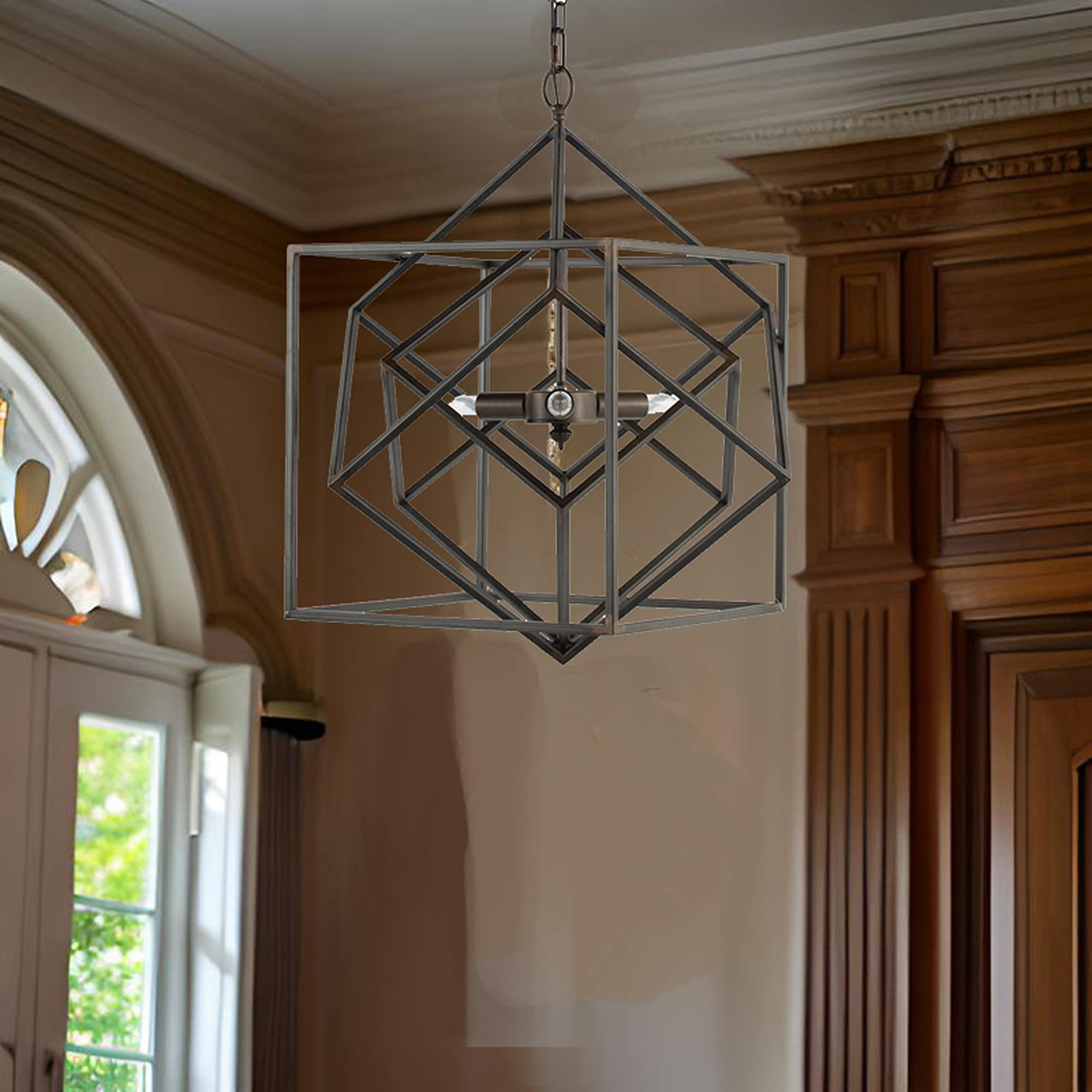Elegant Black Iron and Crystal 19" Geometric Plug-in Chandelier