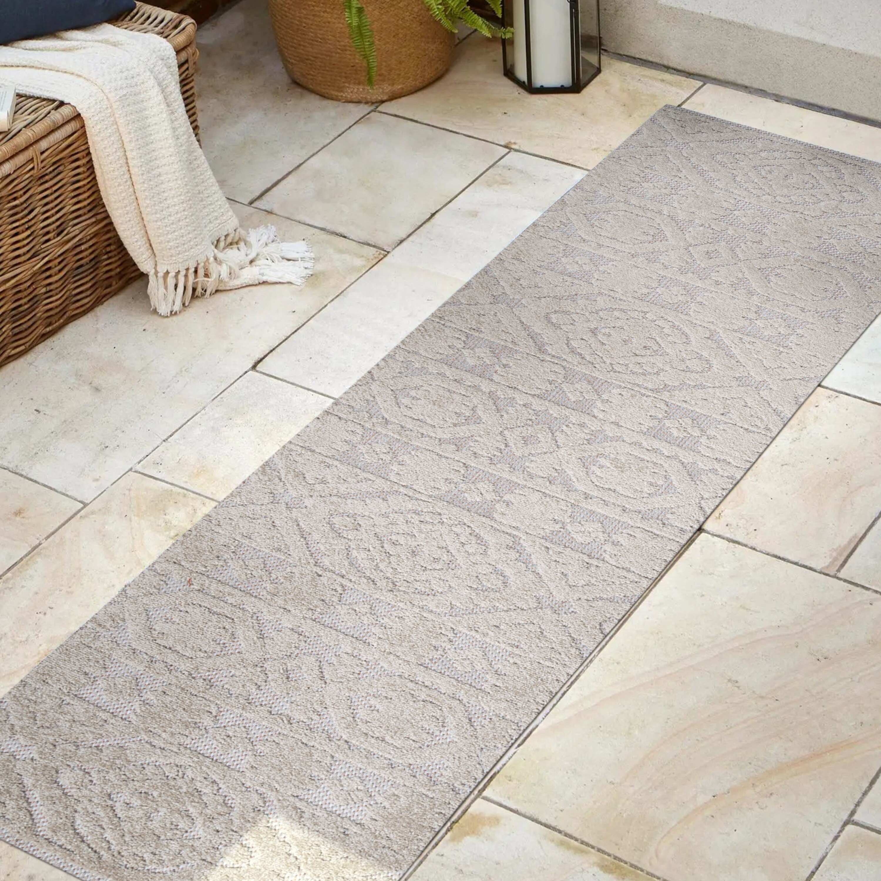 Ivory Geometric Mediterranean Tile 2 x 8 Indoor/Outdoor Runner Rug