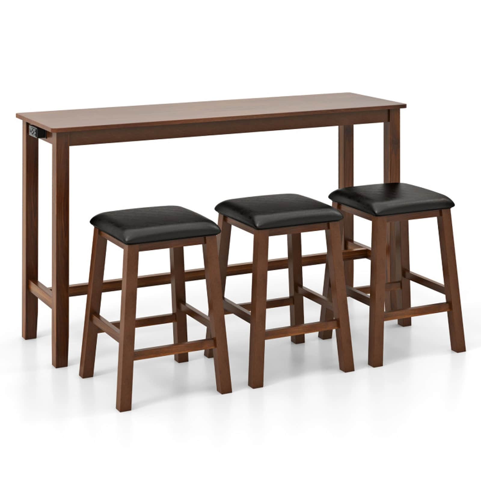 SUGIFT 4-Piece Bar Table Set Counter-Height Table with 3 PVC Leather Upholstered Bar Stools 2 USB 2 AC Outlets Acacia Wood 350-lb Stool - Brown