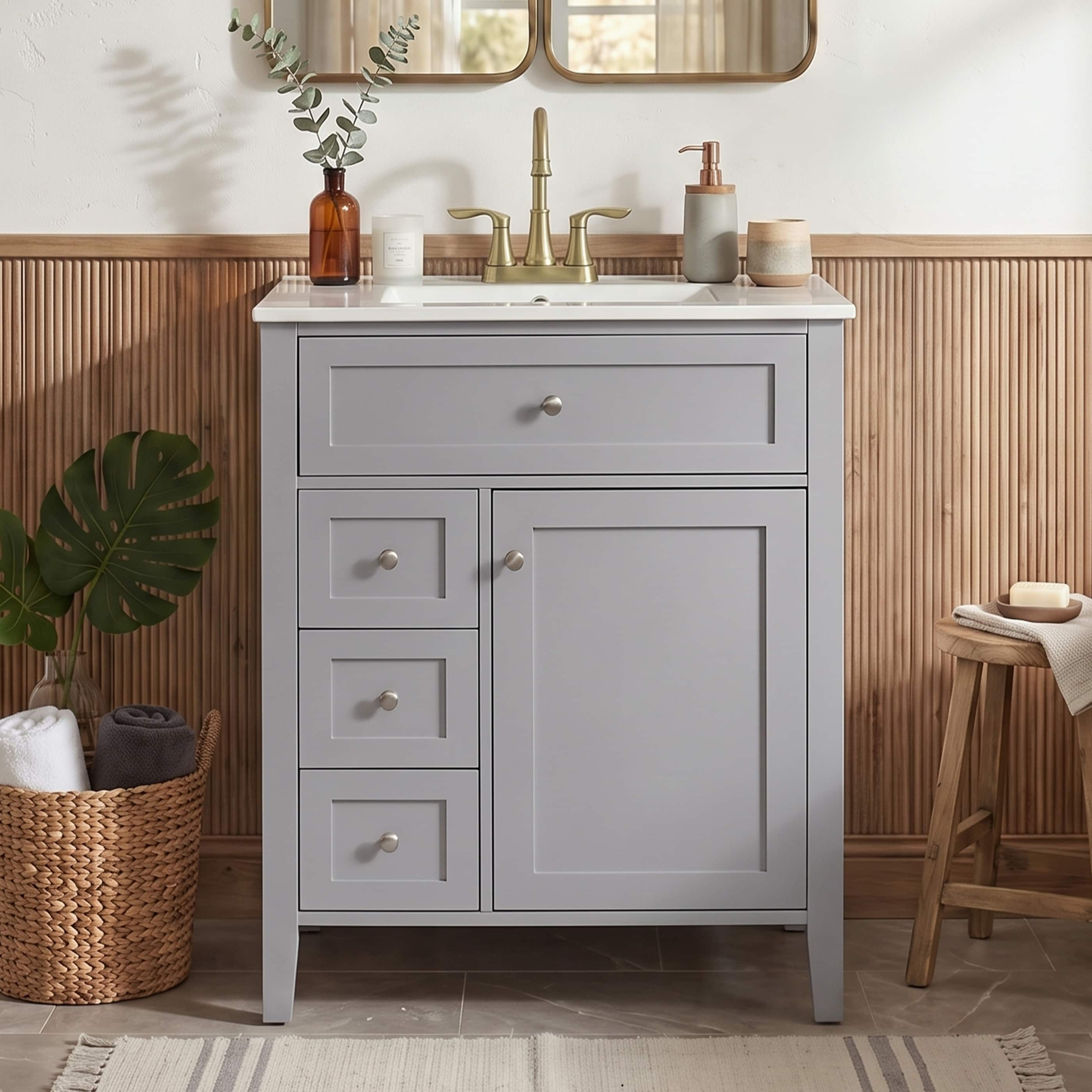 Misty Moon 24-in Freestanding Gray Bathroom Vanity with White Ceramic Sink and 4-in Centerset Brushed Gold Two Handle 360 Degree Swivel Bathroom Faucet