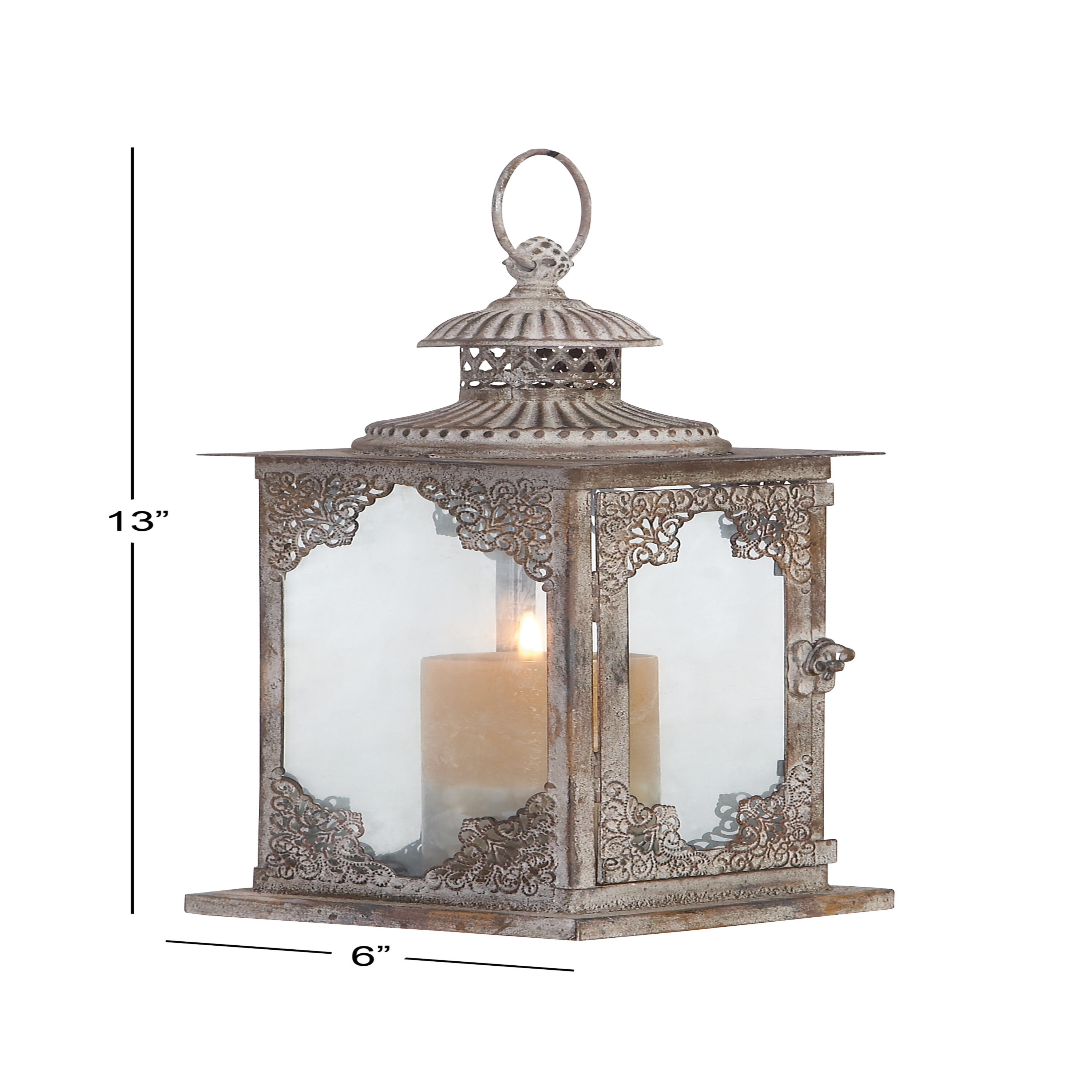 Elegant Tarnished Gray Iron and Glass Tabletop Lantern