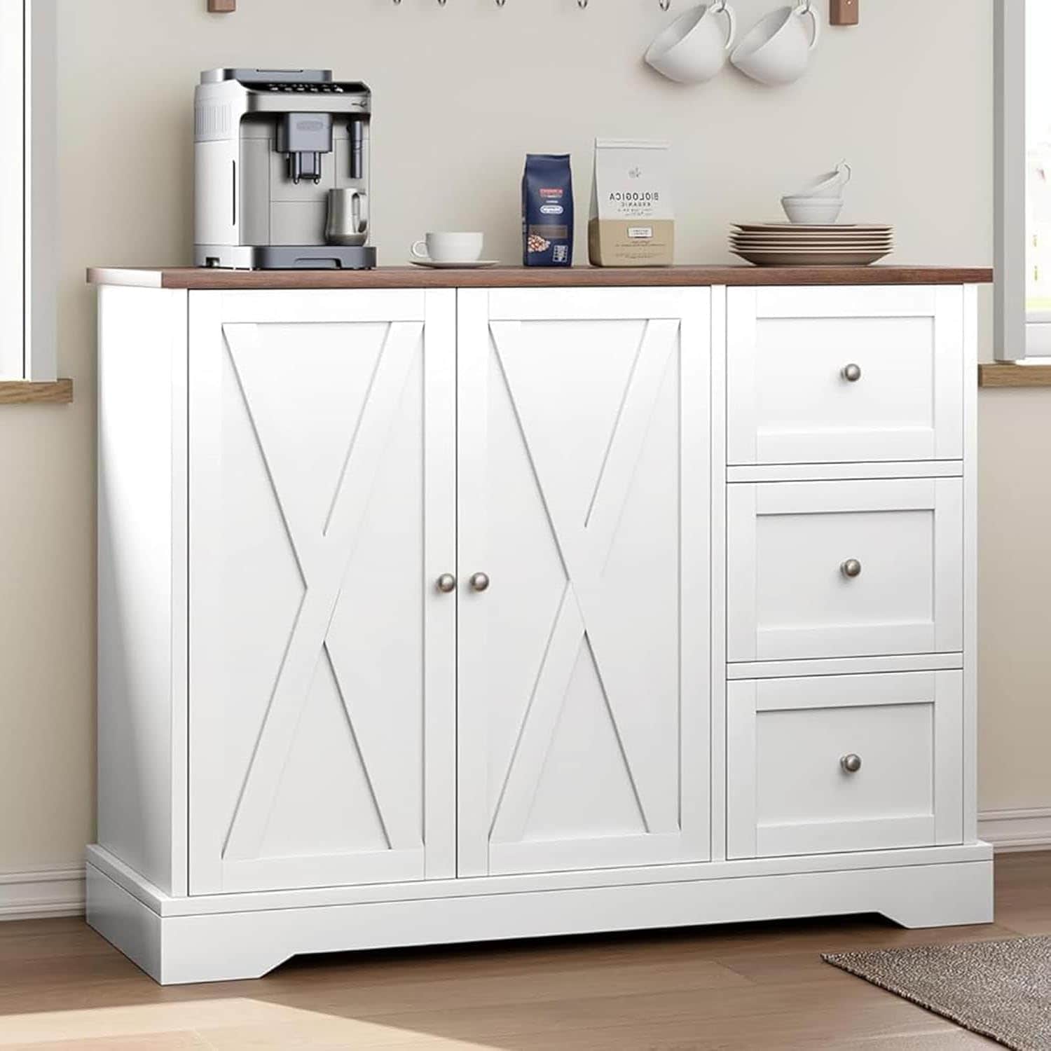 Qeetex Features sleek farmhouse modern design with crisp white finish and brushed metal hardware blending rustic charm and contemporary elegance #AWEPHO0ZHYKKXX