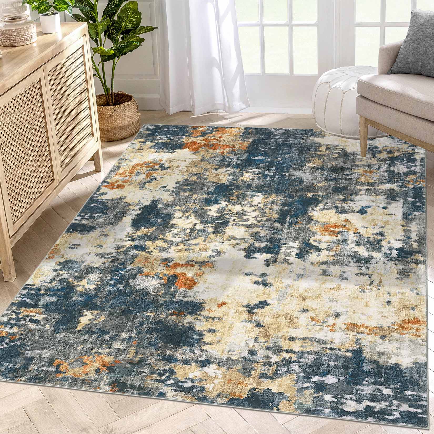 Garvee YXY-LO-PHO-16AL3BI9 5 x 7 (ft) Loomed Polyester Blue/Yellow Rectangular Indoor Abstract Mid-Century Modern Machine washable Area rug
