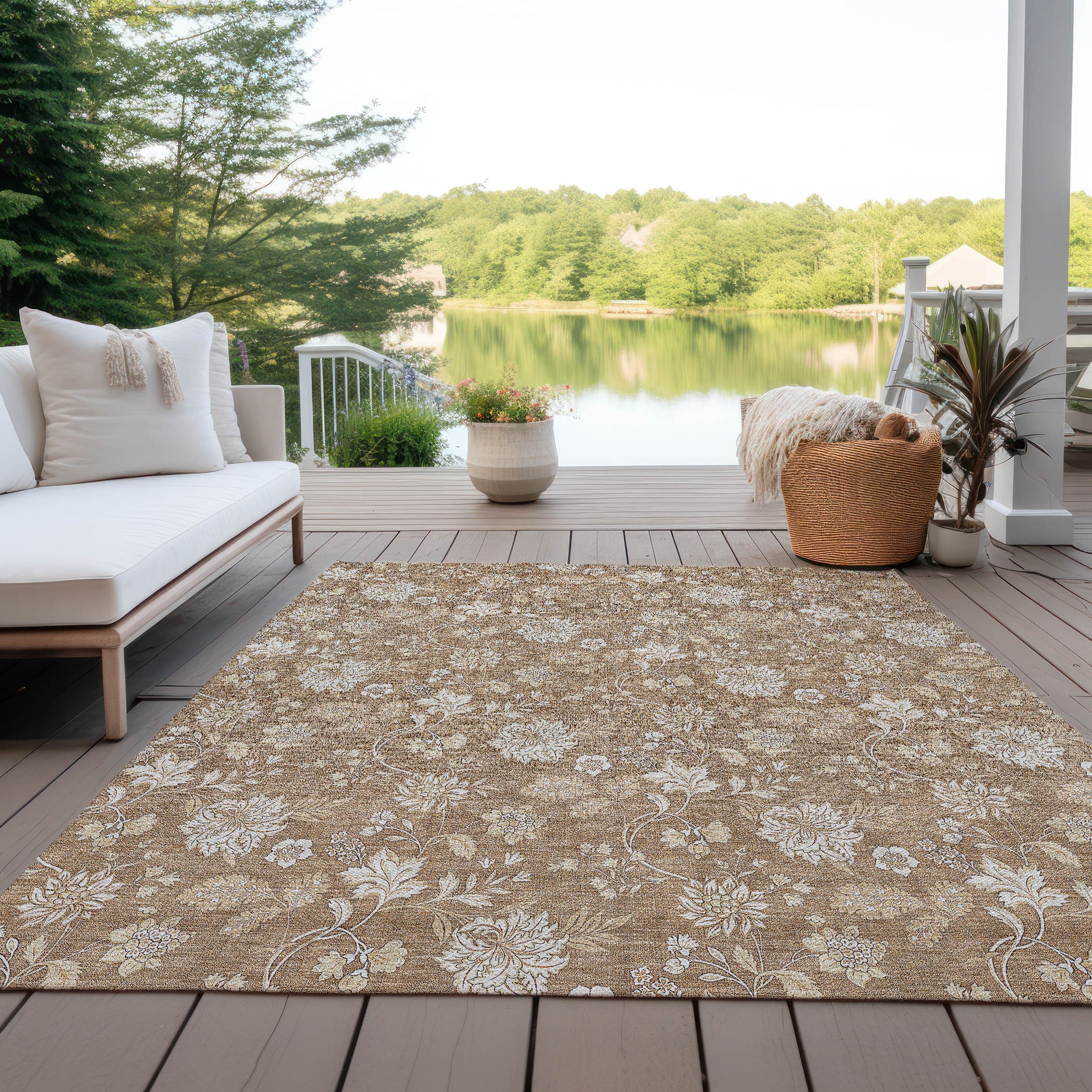Copper Floral Synthetic 5' x 7' Washable Area Rug