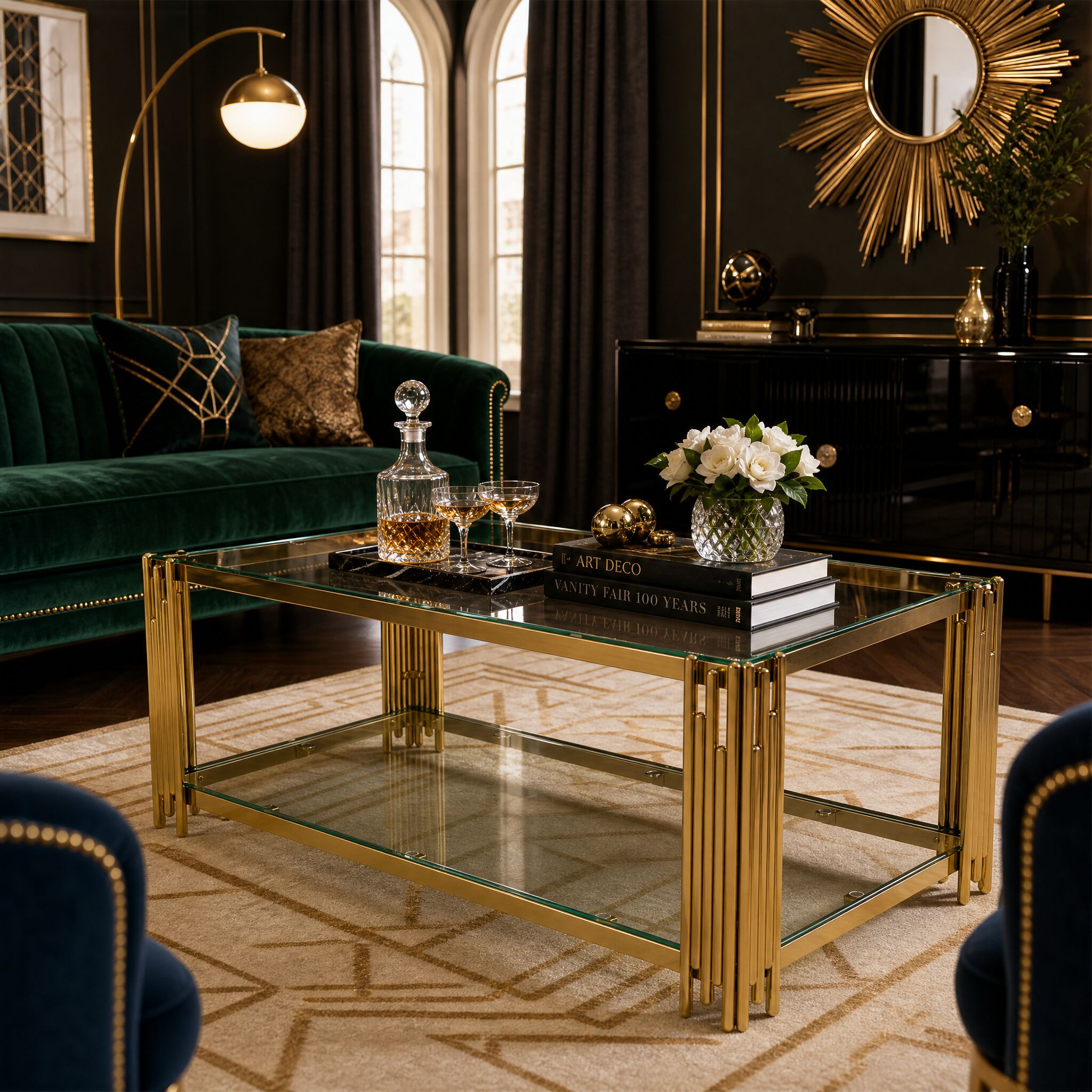 Qualler 47.5'' Modern Transparent Glass Rectangle Coffee Table with Asymmetrical Metal Gold Finish Lower Shelf