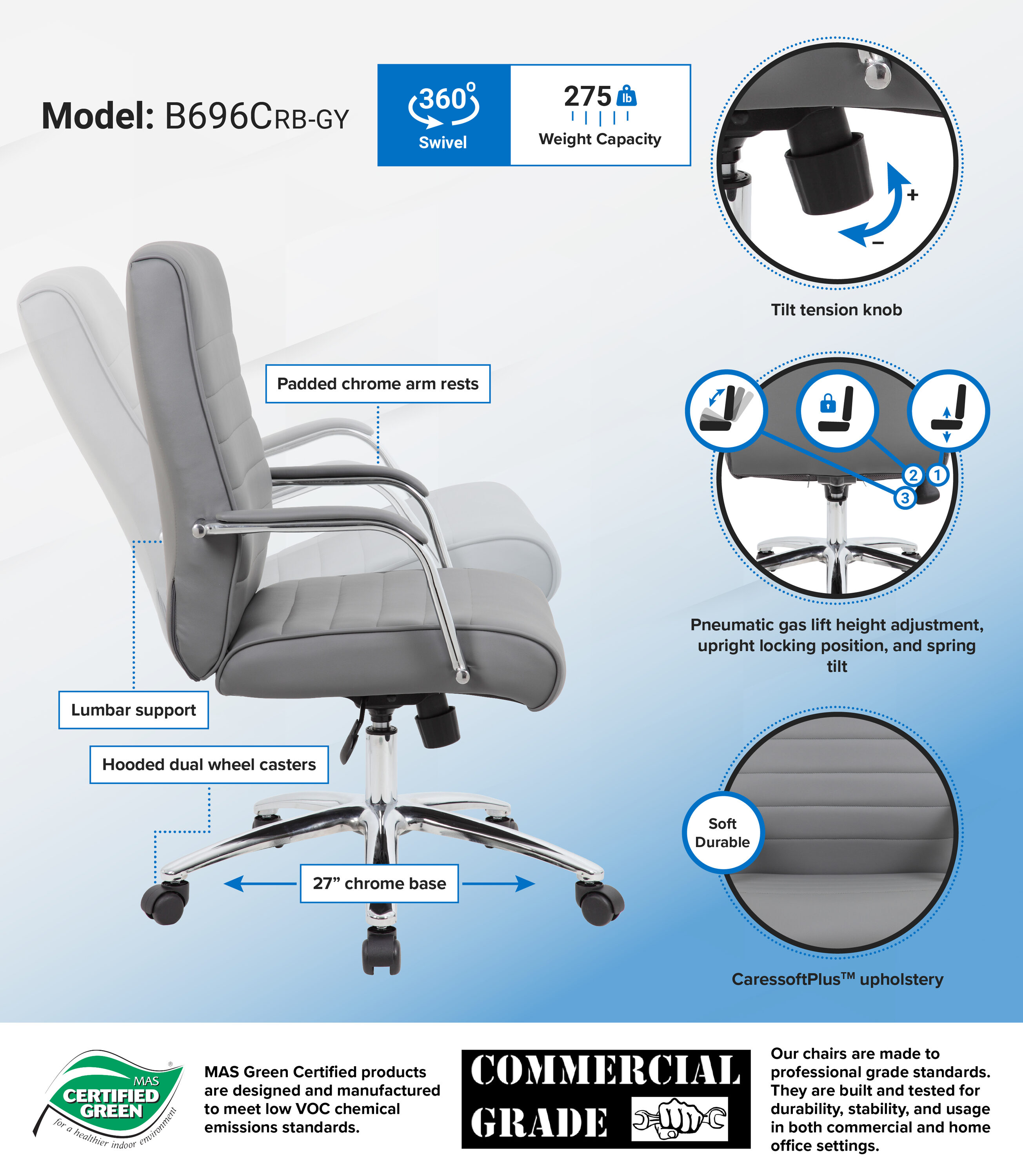 Modern Executive Ergonomic Swivel Chair in Ribbed Gray Vinyl